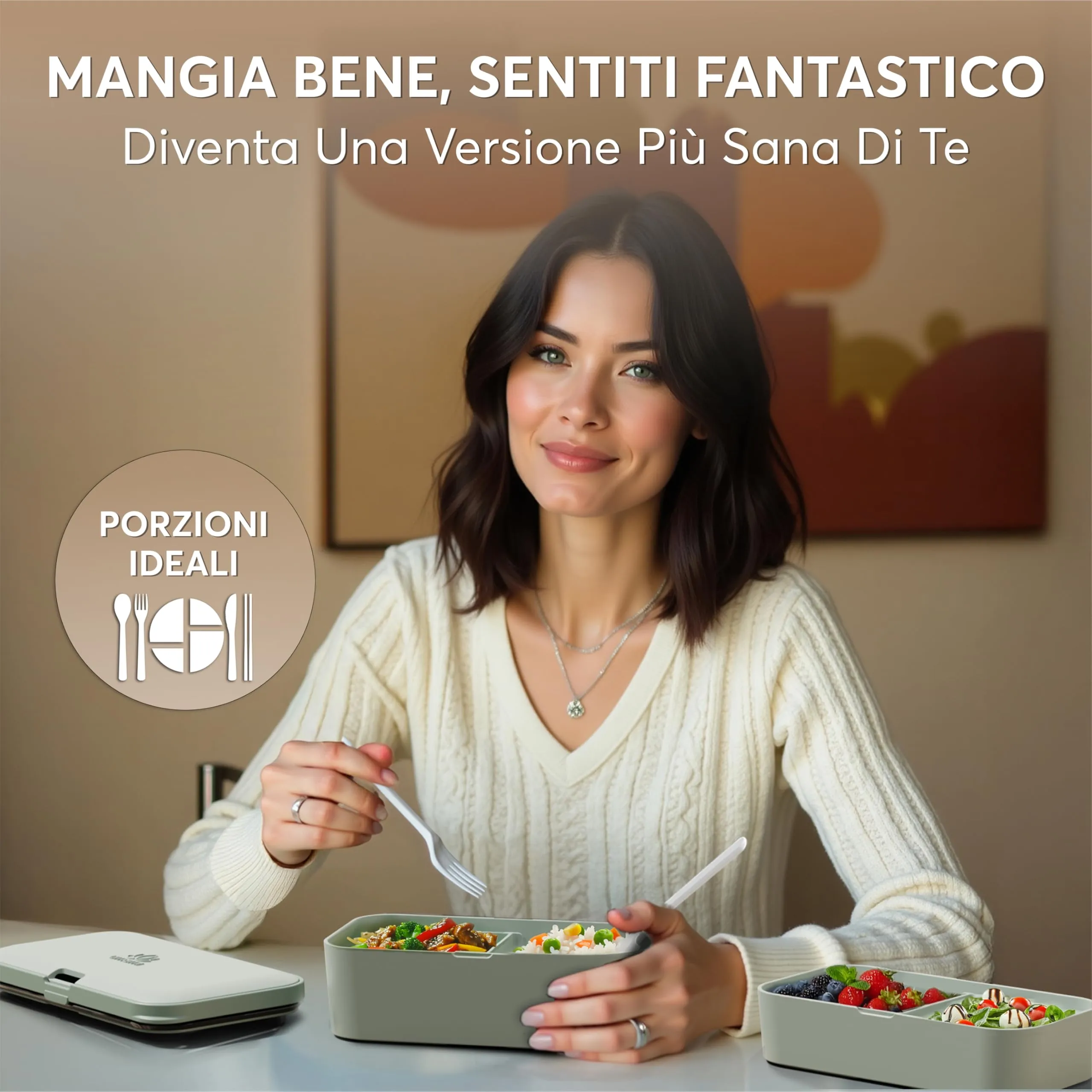 Umami Porta Pranzo Adulti Ermetico Bento Box con Scomparti e 4 Posate, 1500 ml, Ardesia Verde - immagine 2