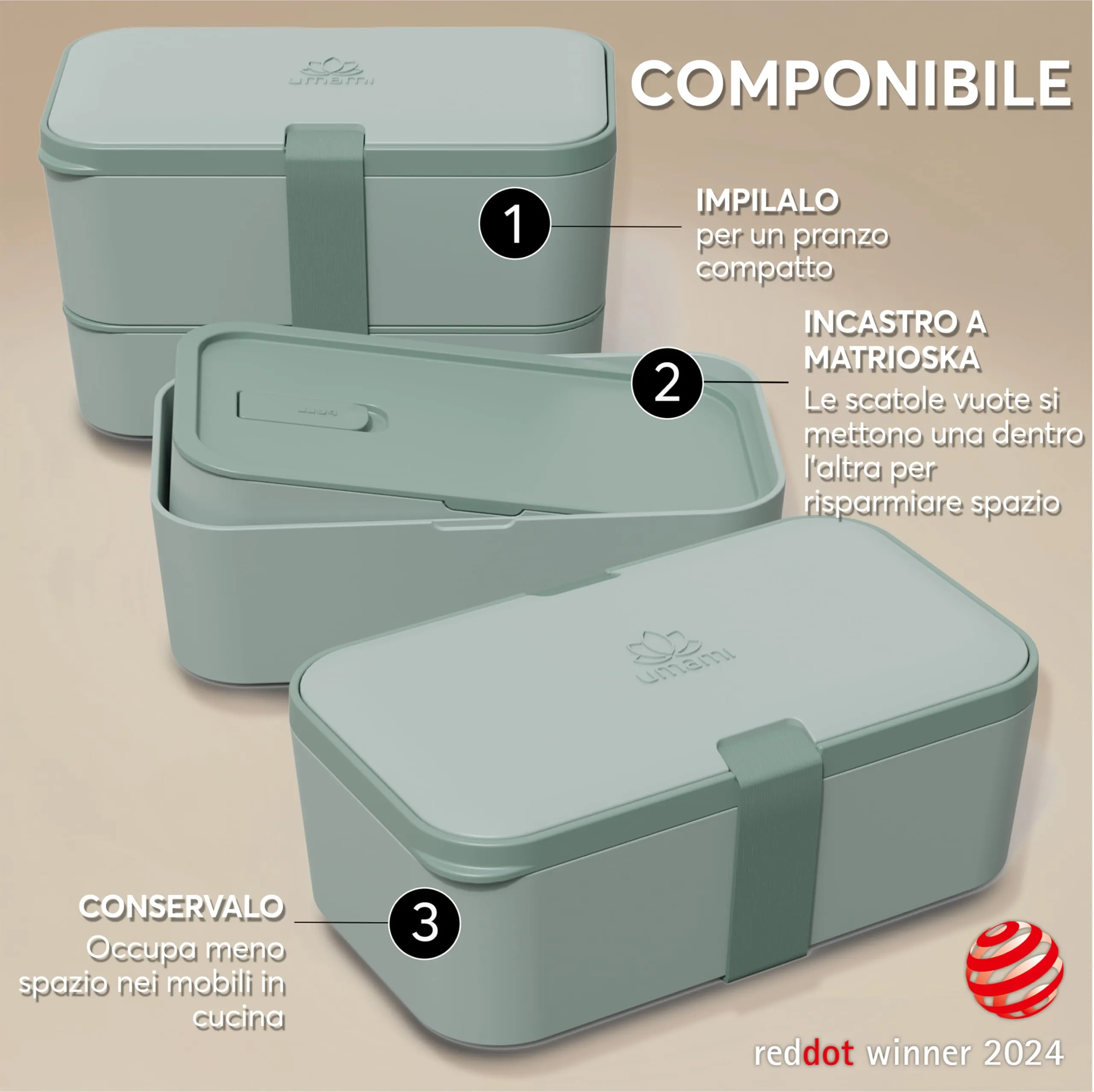 Umami Porta Pranzo Adulti Ermetico Bento Box con Scomparti e 4 Posate, 1500 ml, Ardesia Verde - immagine 3