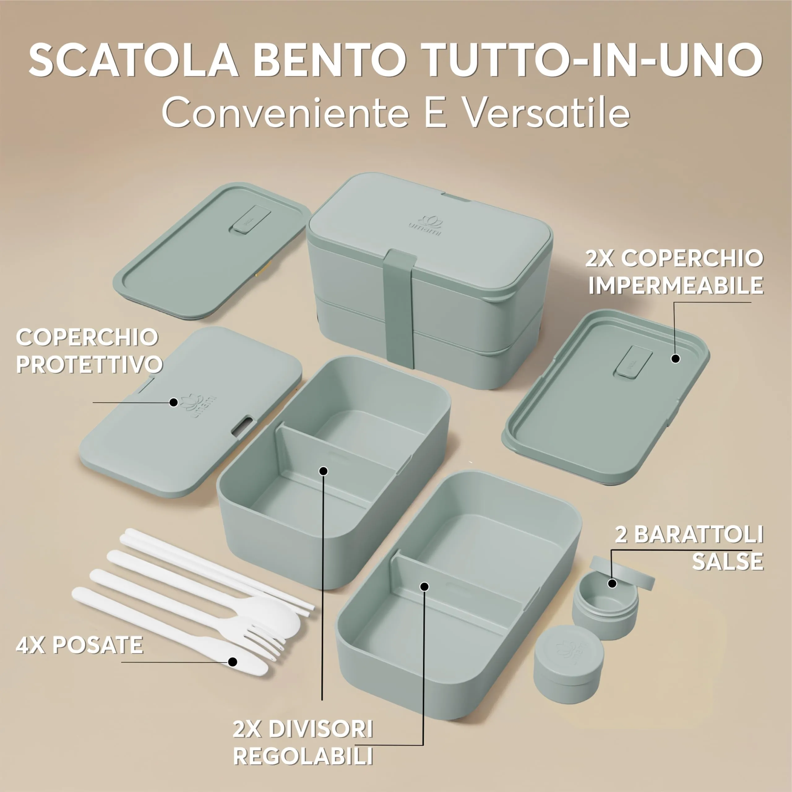 Umami Porta Pranzo Adulti Ermetico Bento Box con Scomparti e 4 Posate, 1500 ml, Ardesia Verde - immagine 4
