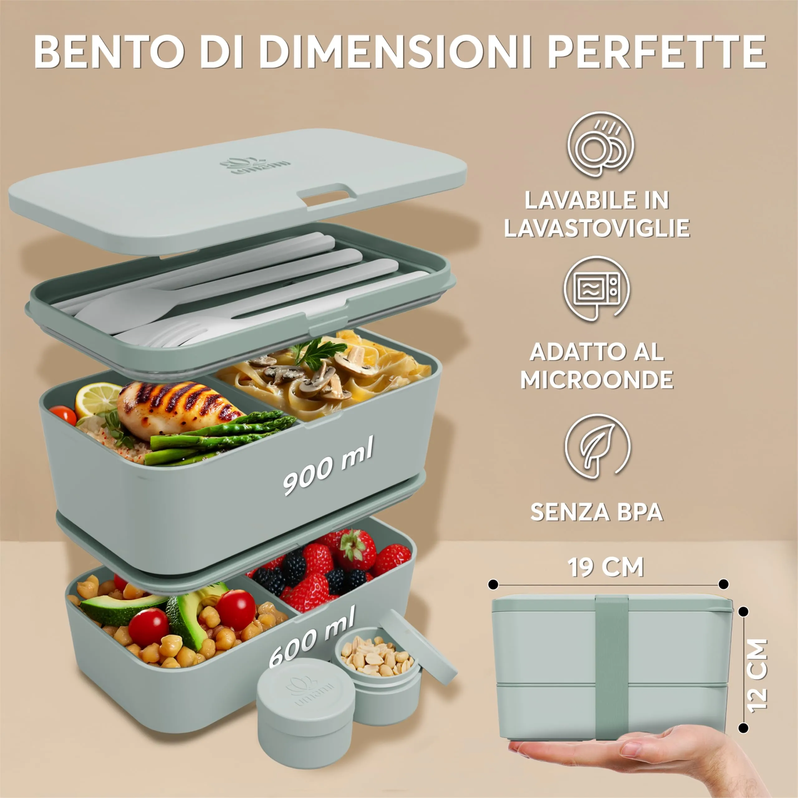 Umami Porta Pranzo Adulti Ermetico Bento Box con Scomparti e 4 Posate, 1500 ml, Ardesia Verde - immagine 6