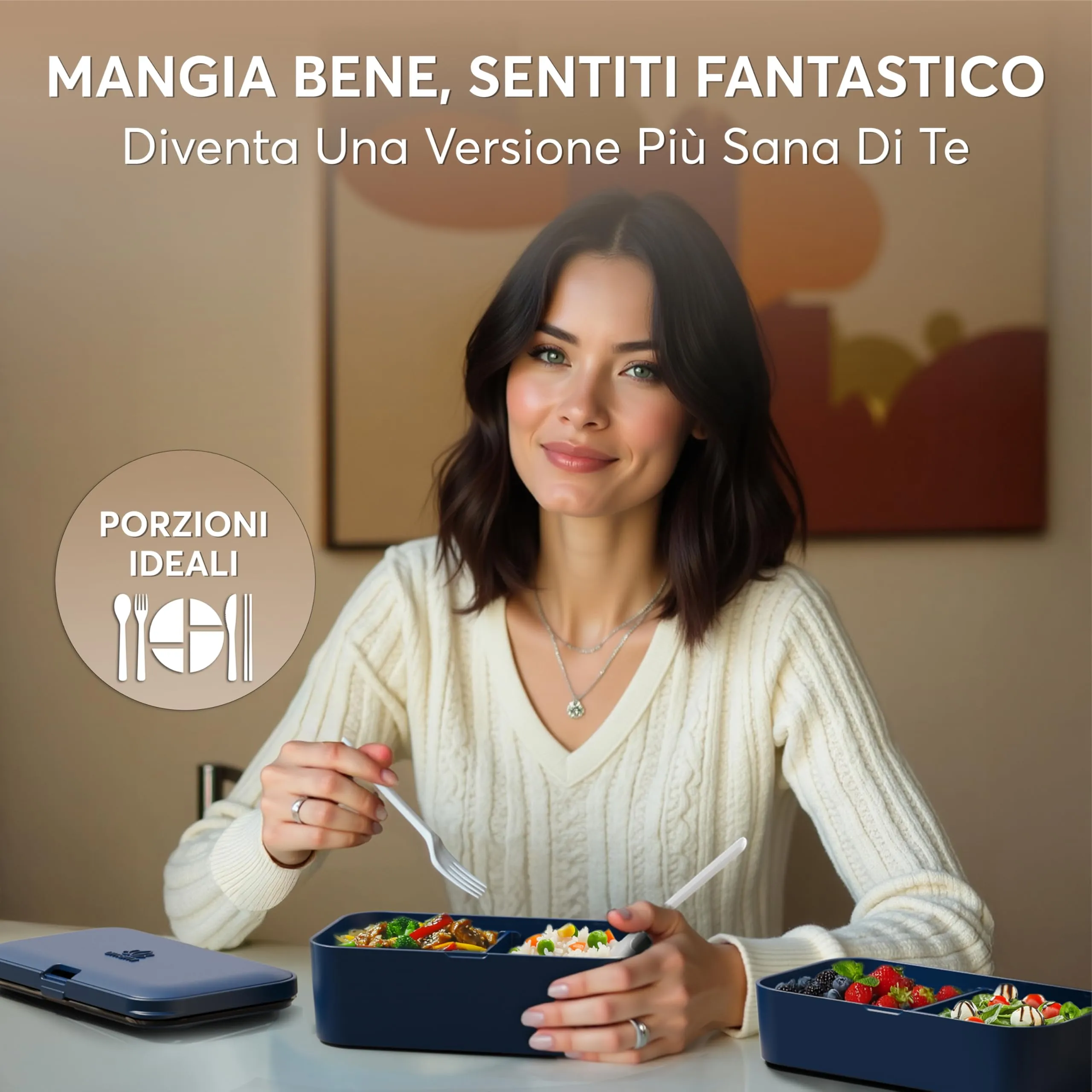 Umami Porta Pranzo Bento Box Adulti Ermetico con Scomparti e 4 Posate, Blu Notte, 1500 ml - immagine 2