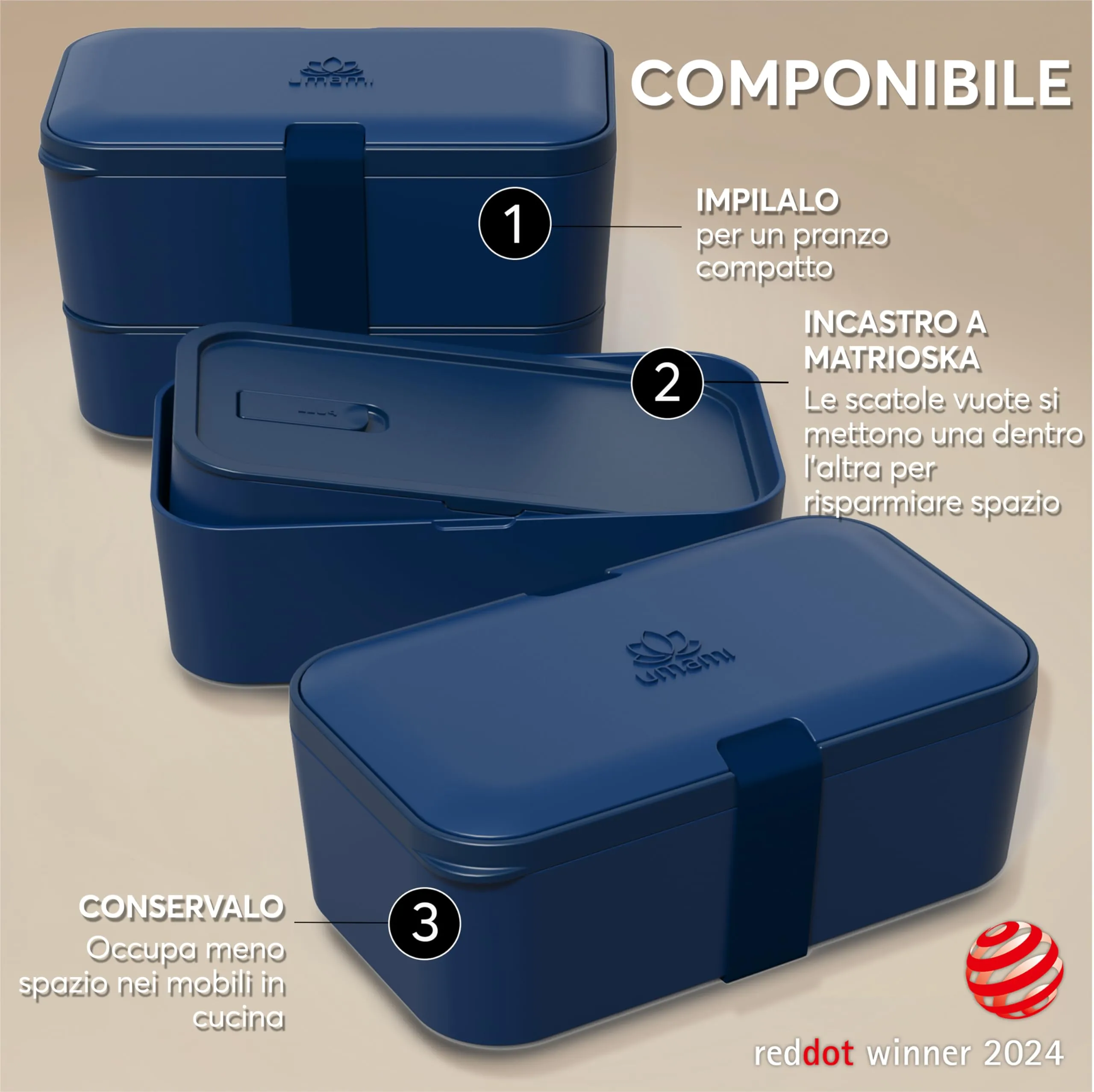Umami Porta Pranzo Bento Box Adulti Ermetico con Scomparti e 4 Posate, Blu Notte, 1500 ml - immagine 3
