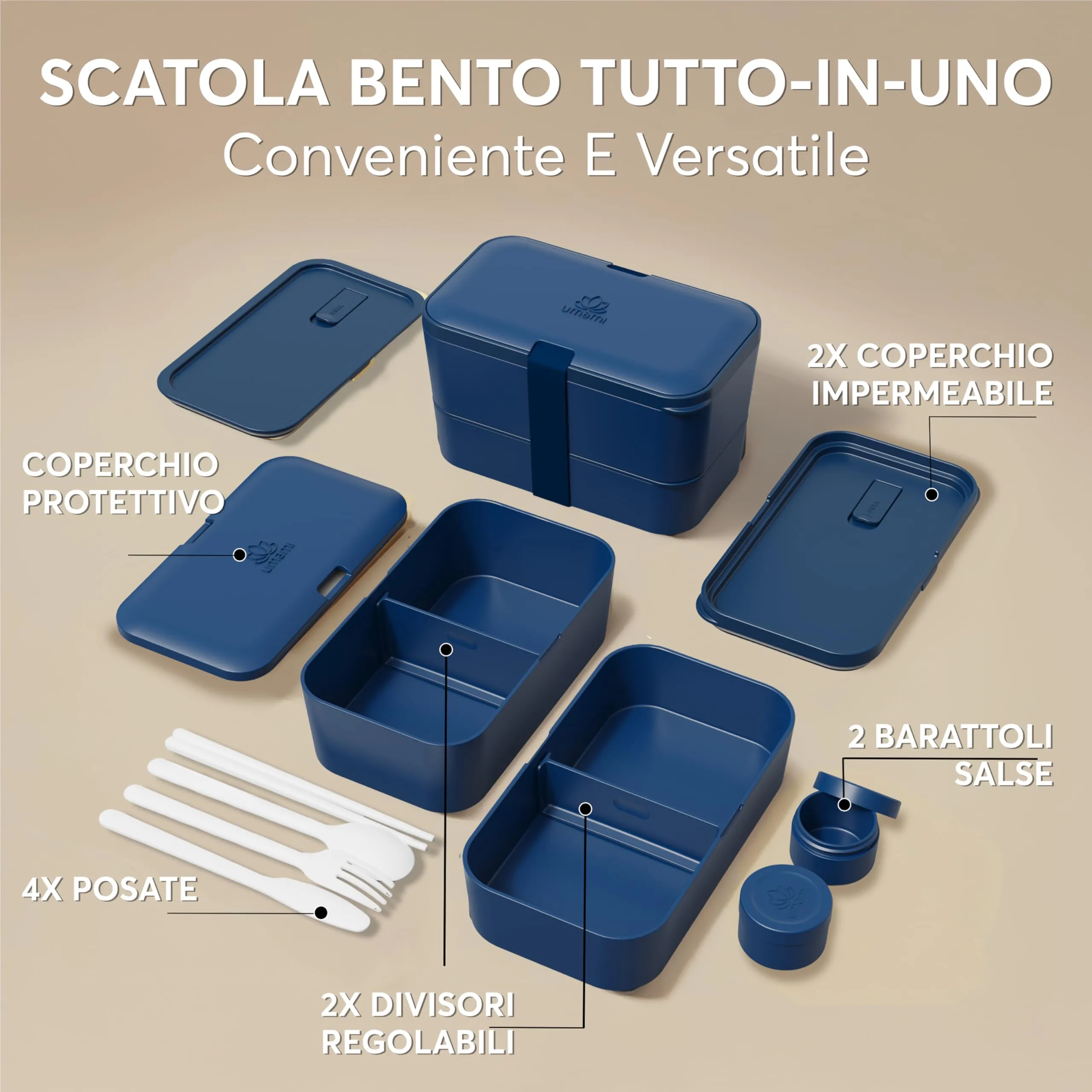 Umami Porta Pranzo Bento Box Adulti Ermetico con Scomparti e 4 Posate, Blu Notte, 1500 ml - immagine 4