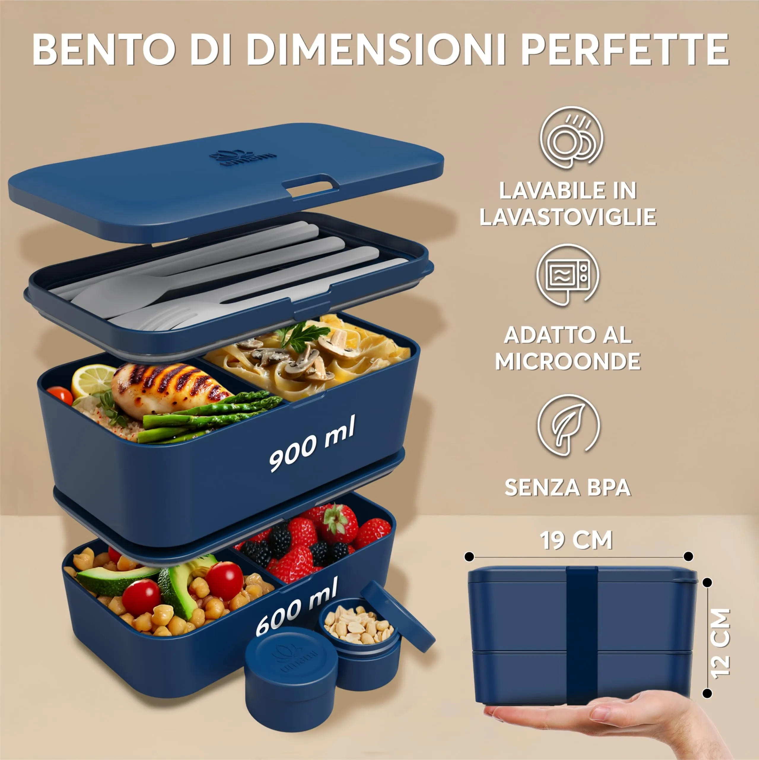 Umami Porta Pranzo Bento Box Adulti Ermetico con Scomparti e 4 Posate, Blu Notte, 1500 ml - immagine 6