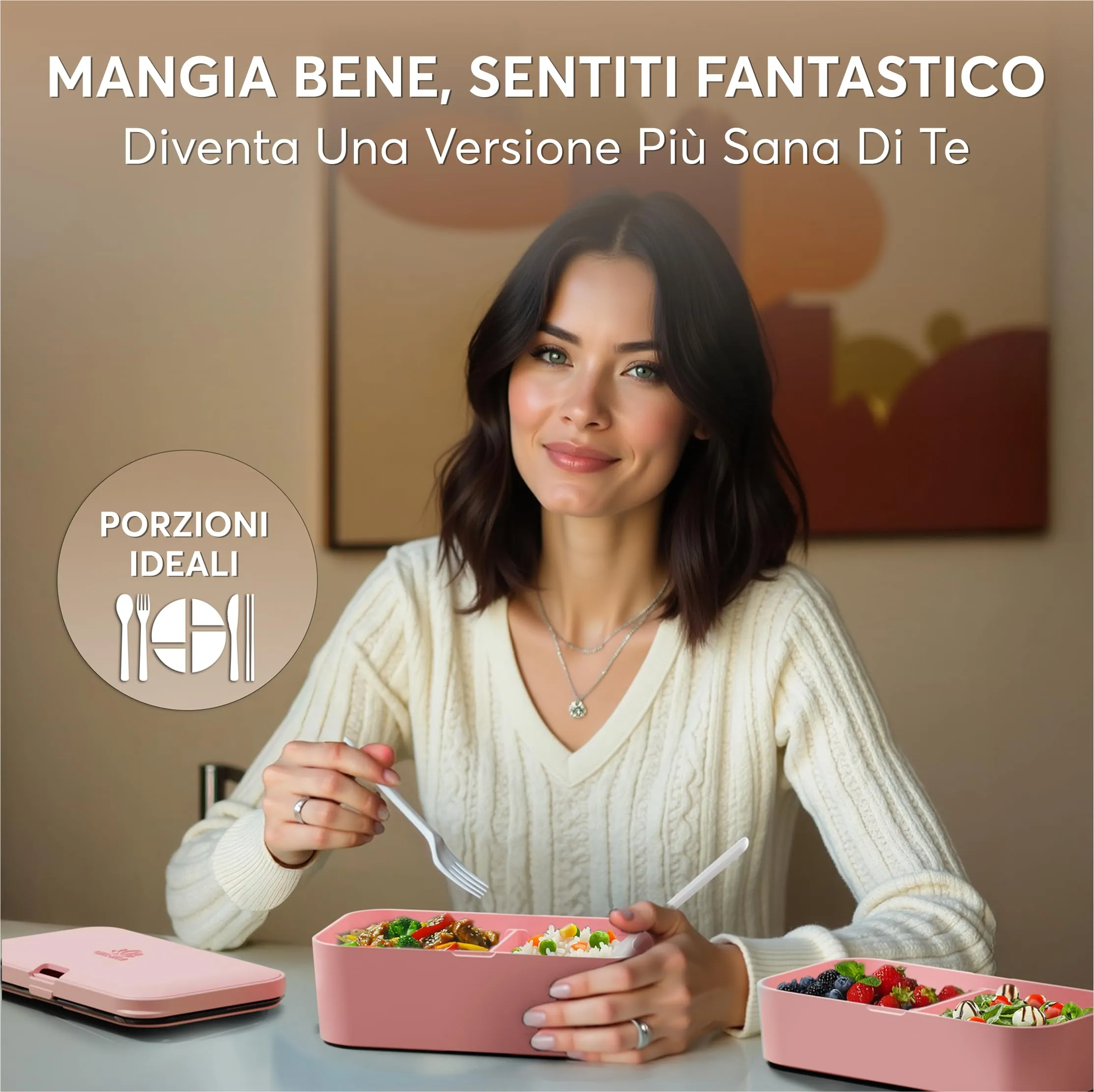 Umami Porta Pranzo Bento Box Adulti Ermetico con Scomparti e 4 Posate, 1500 ml, Corallo Rosa - immagine 2