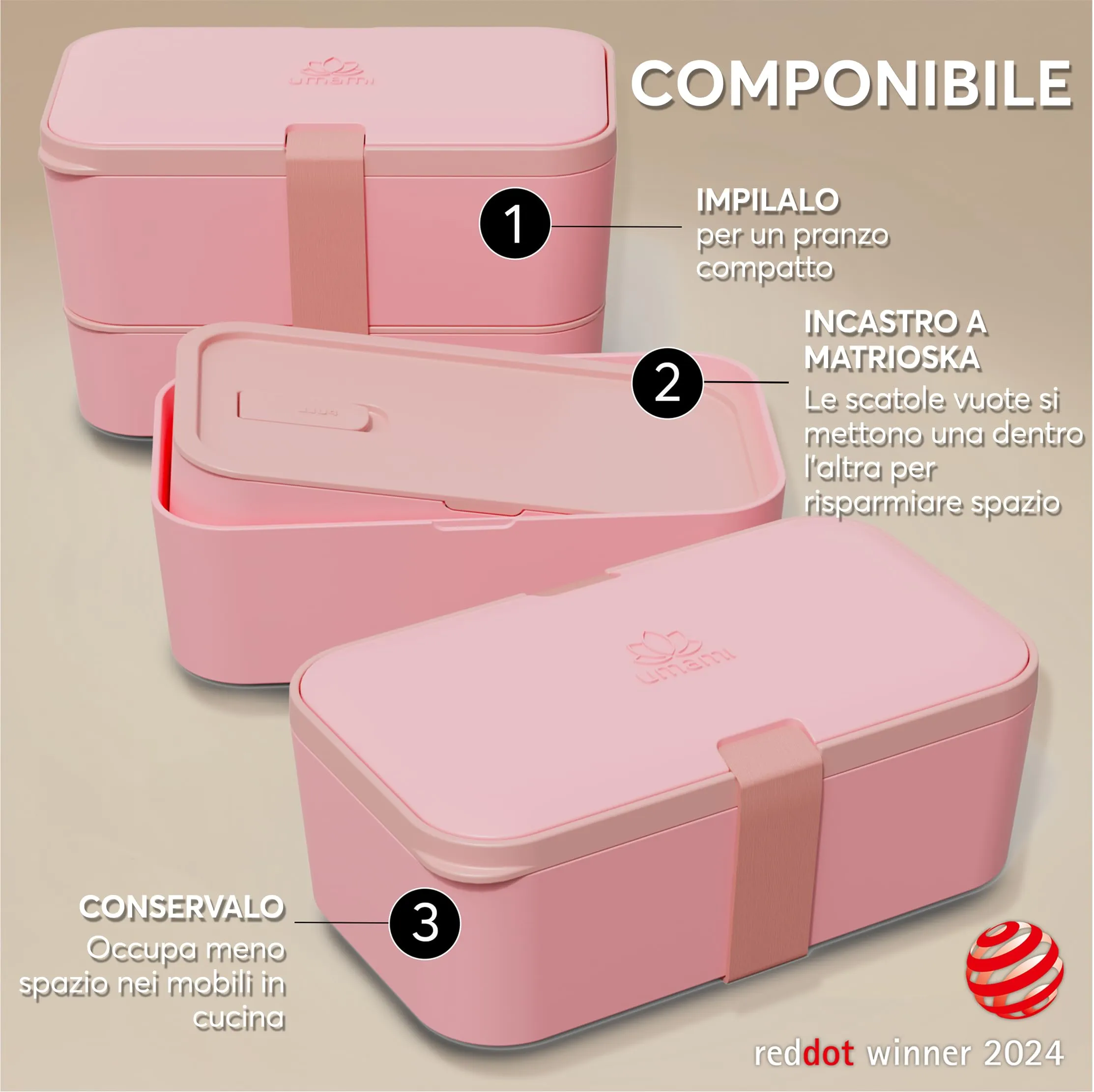 Umami Porta Pranzo Bento Box Adulti Ermetico con Scomparti e 4 Posate, 1500 ml, Corallo Rosa - immagine 3