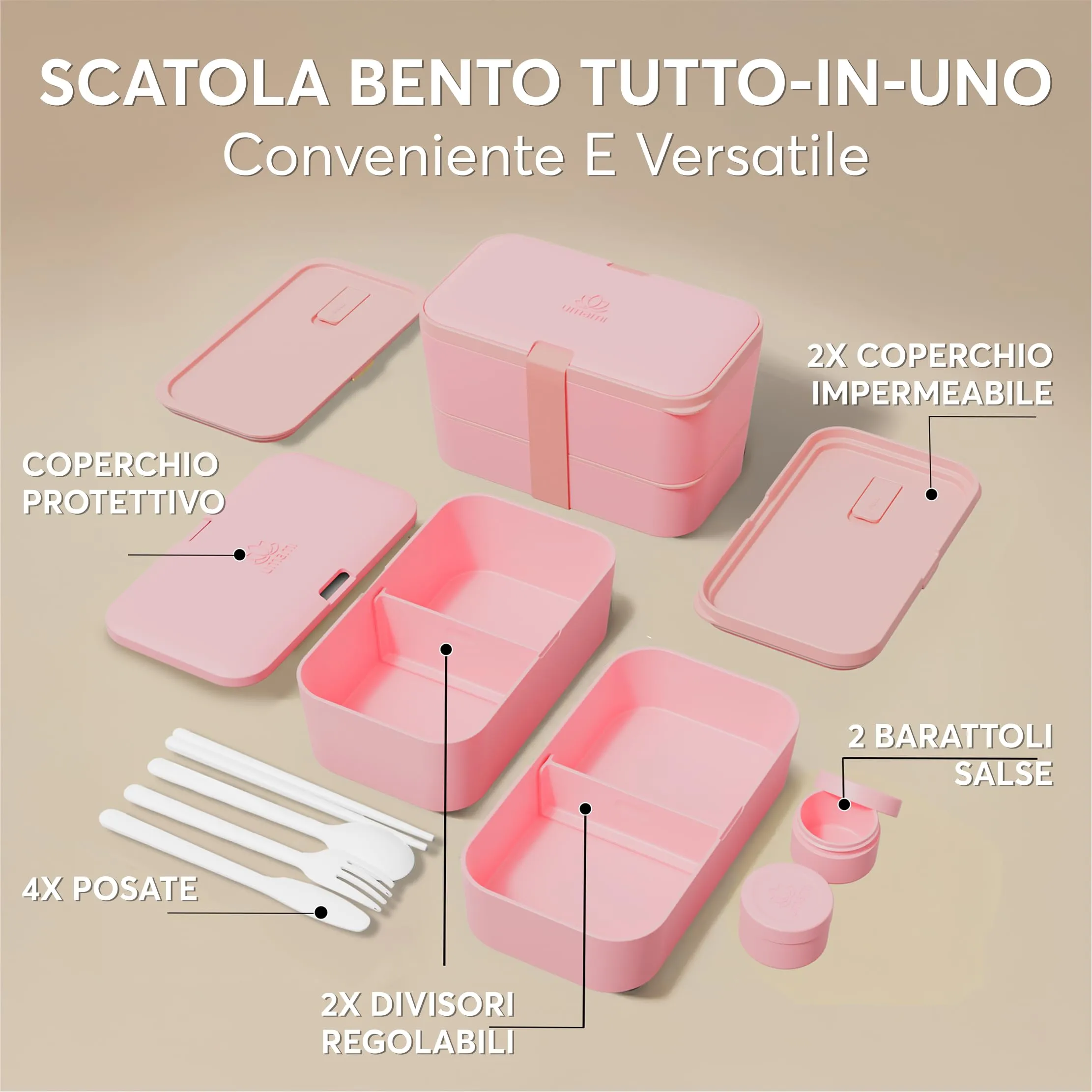 Umami Porta Pranzo Bento Box Adulti Ermetico con Scomparti e 4 Posate, 1500 ml, Corallo Rosa - immagine 4