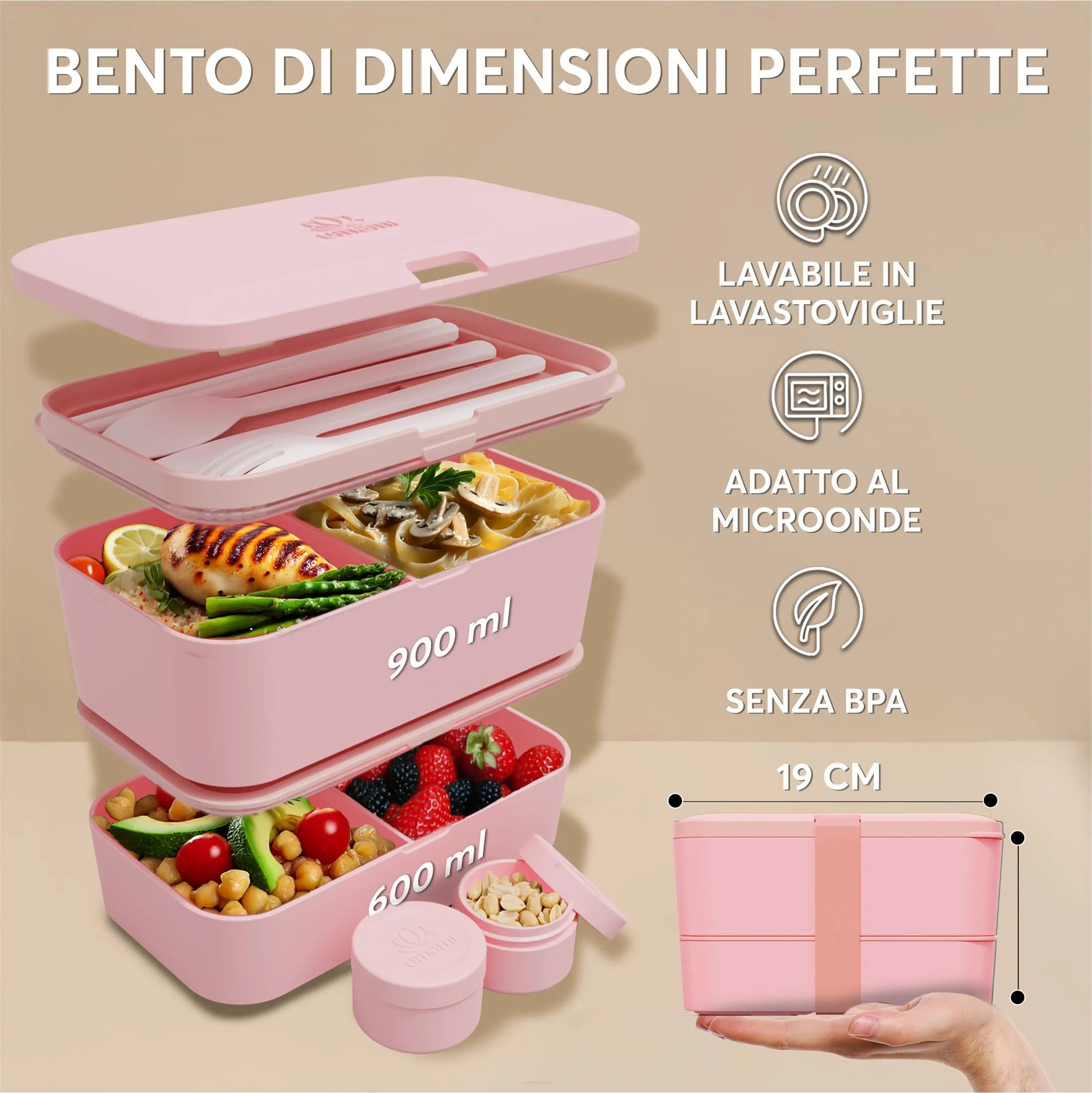 Umami Porta Pranzo Bento Box Adulti Ermetico con Scomparti e 4 Posate, 1500 ml, Corallo Rosa - immagine 6