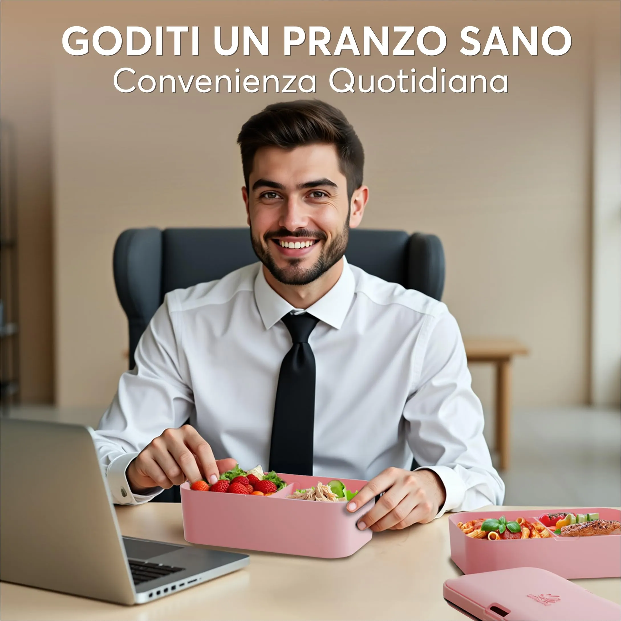 Umami Porta Pranzo Bento Box Adulti Ermetico con Scomparti e 4 Posate, 1500 ml, Corallo Rosa - immagine 7