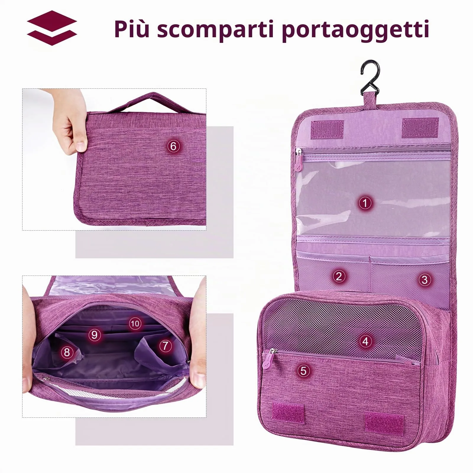 AiQInu Beauty Case da Viaggio, Borsa da Toilette Impermeabile con Gancio per Appendere - immagine 2