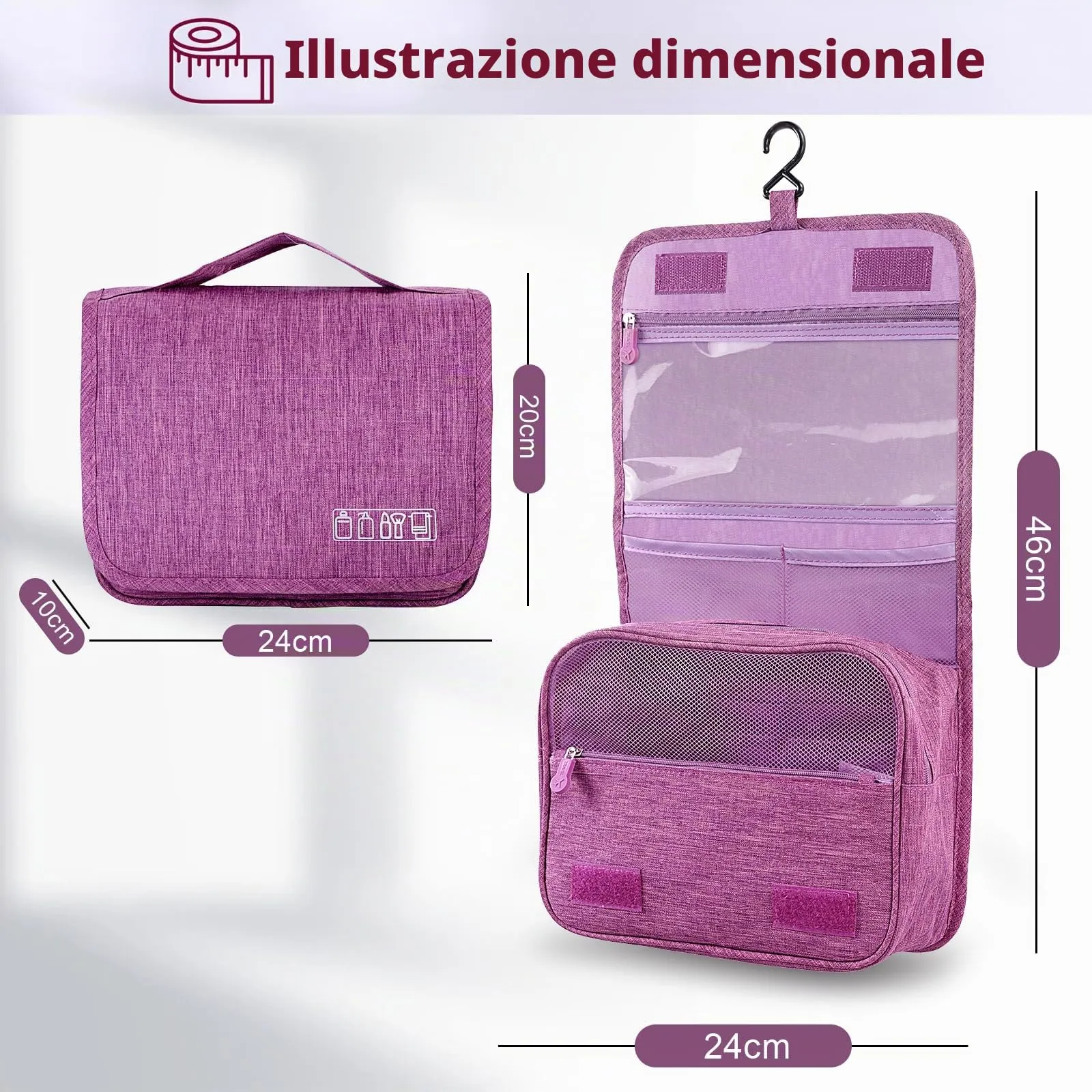 AiQInu Beauty Case da Viaggio, Borsa da Toilette Impermeabile con Gancio per Appendere - immagine 3
