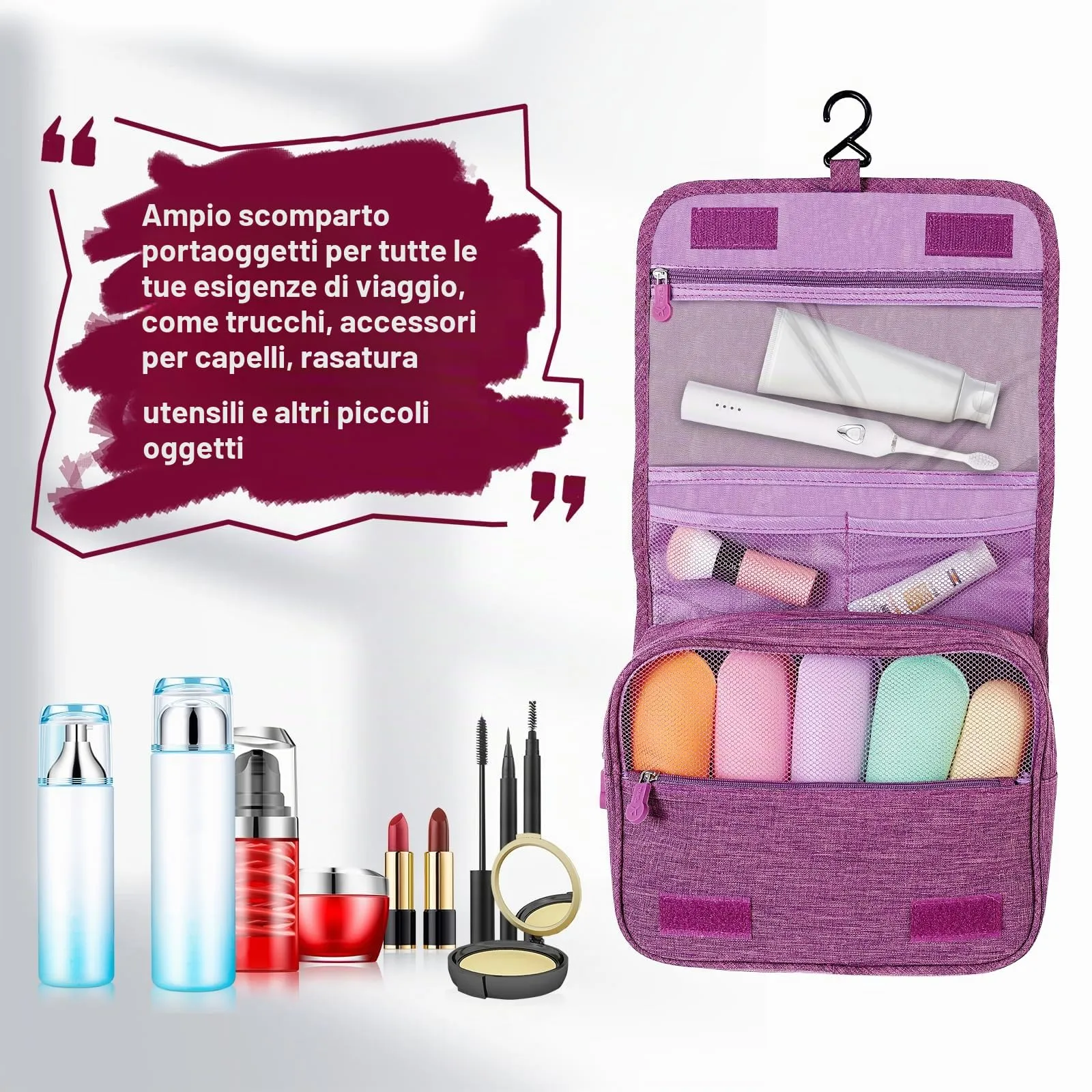 AiQInu Beauty Case da Viaggio, Borsa da Toilette Impermeabile con Gancio per Appendere - immagine 5