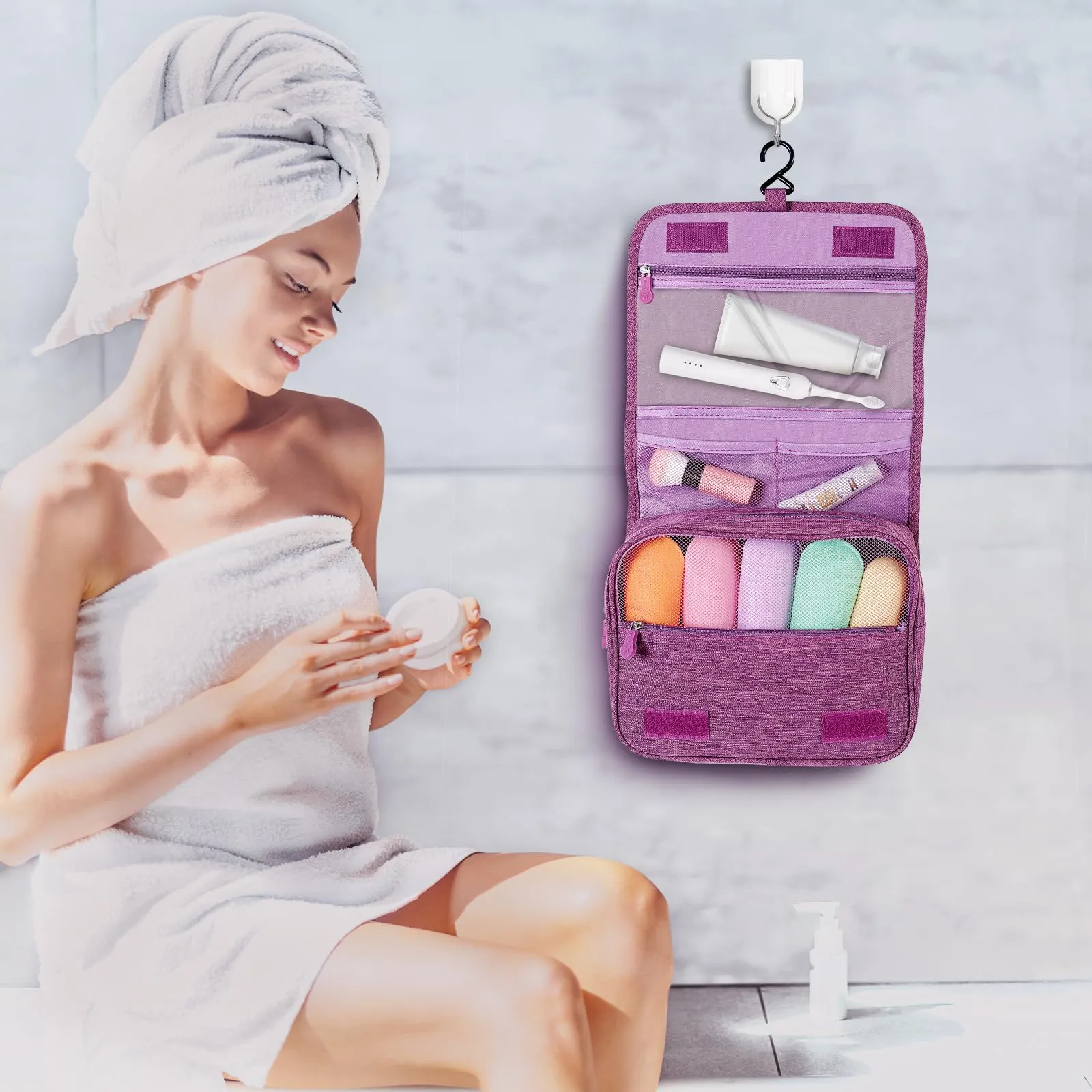 AiQInu Beauty Case da Viaggio, Borsa da Toilette Impermeabile con Gancio per Appendere - immagine 8