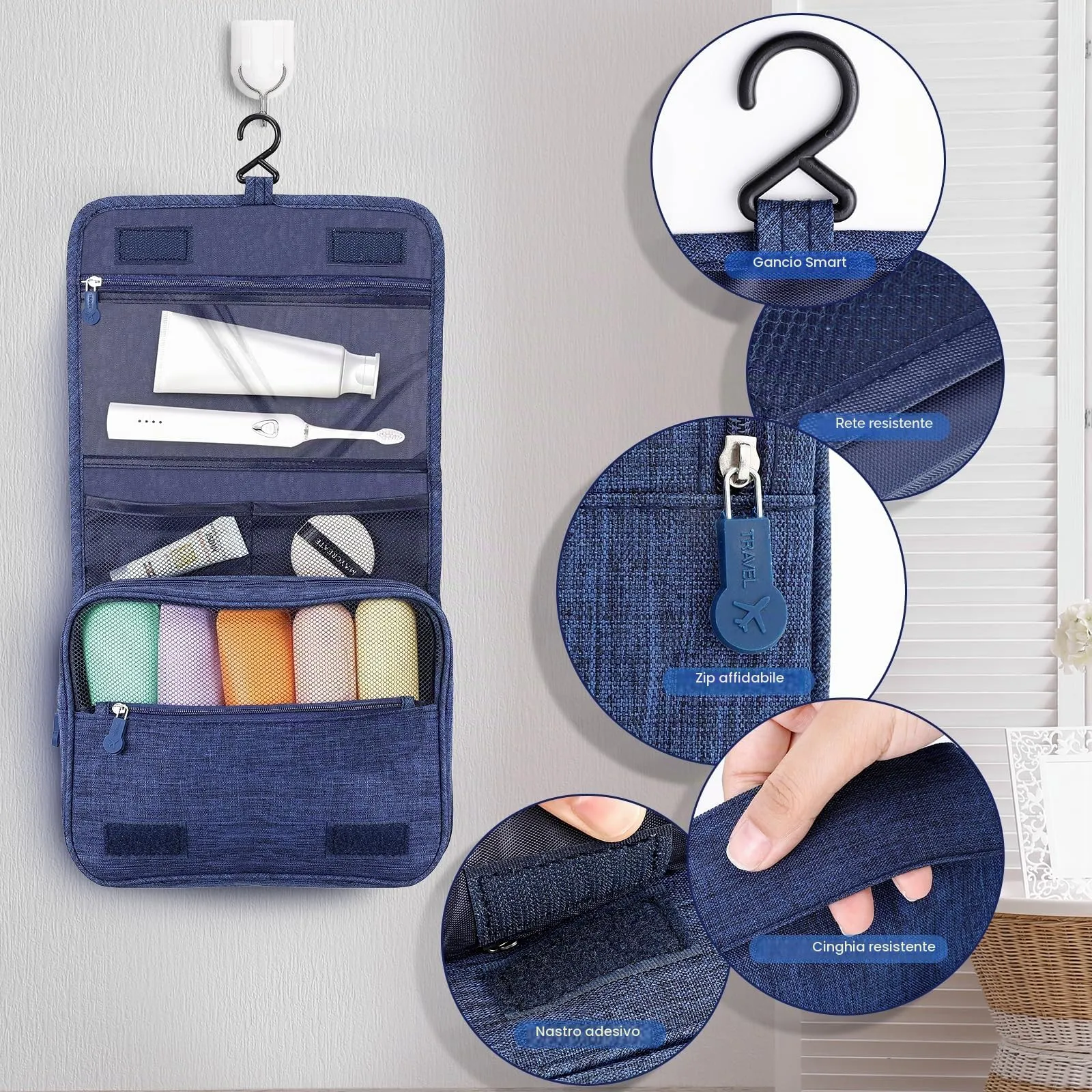 AiQInu Beauty Case da Viaggio, Borsa da Toilette Impermeabile con Gancio per Appendere - immagine 4