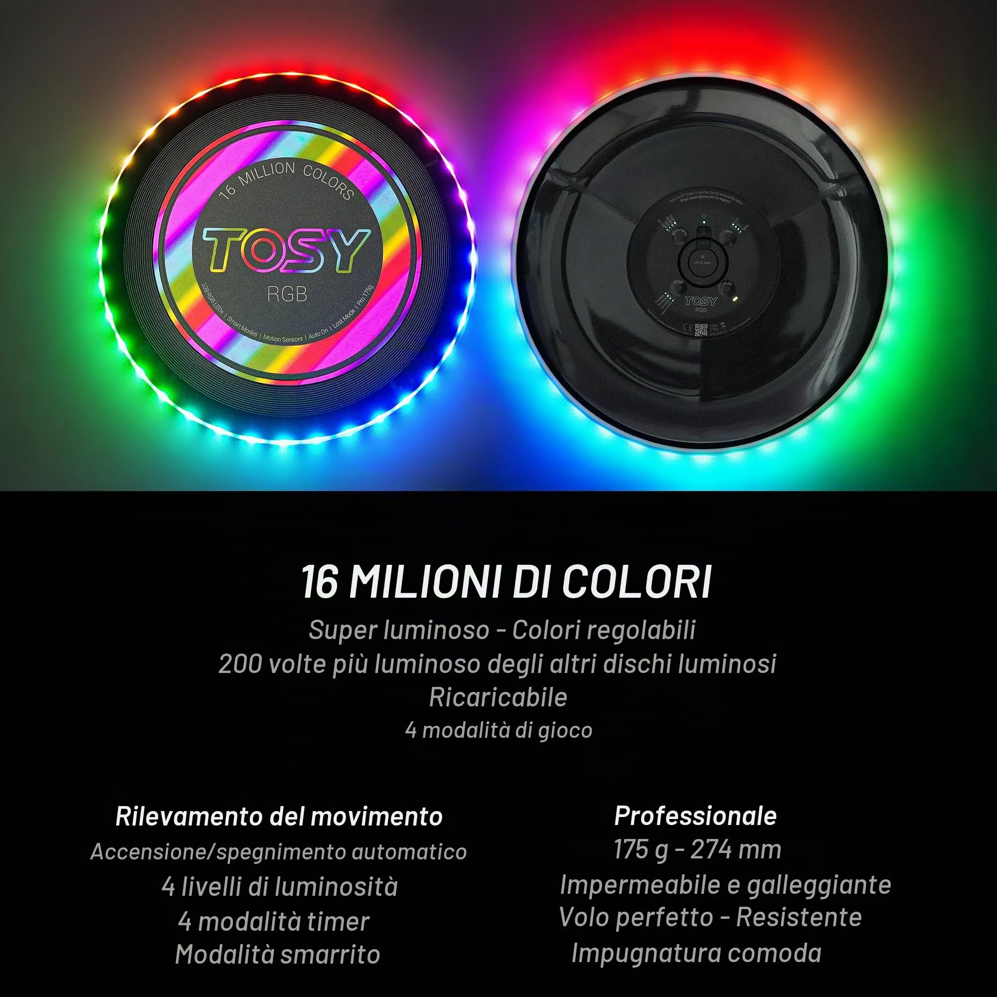 TOSY Flying Disc LED RGB, 108 LEDs, Ricaricabile, Impermeabile, 175 g - immagine 4