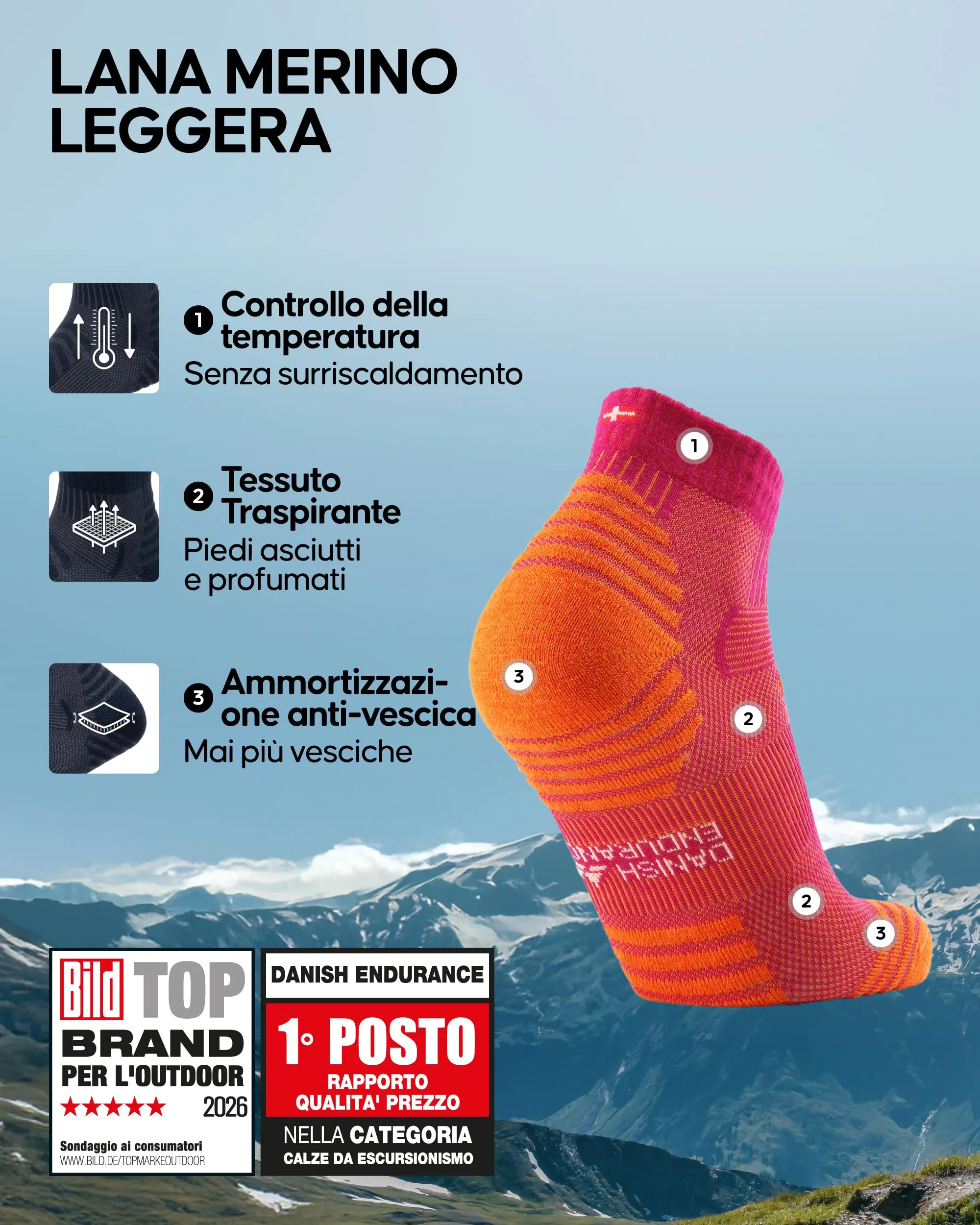 Danish Endurance Calze Trekking Corte Merino, 3 Paia, Multicolore, 35-38 - immagine 2