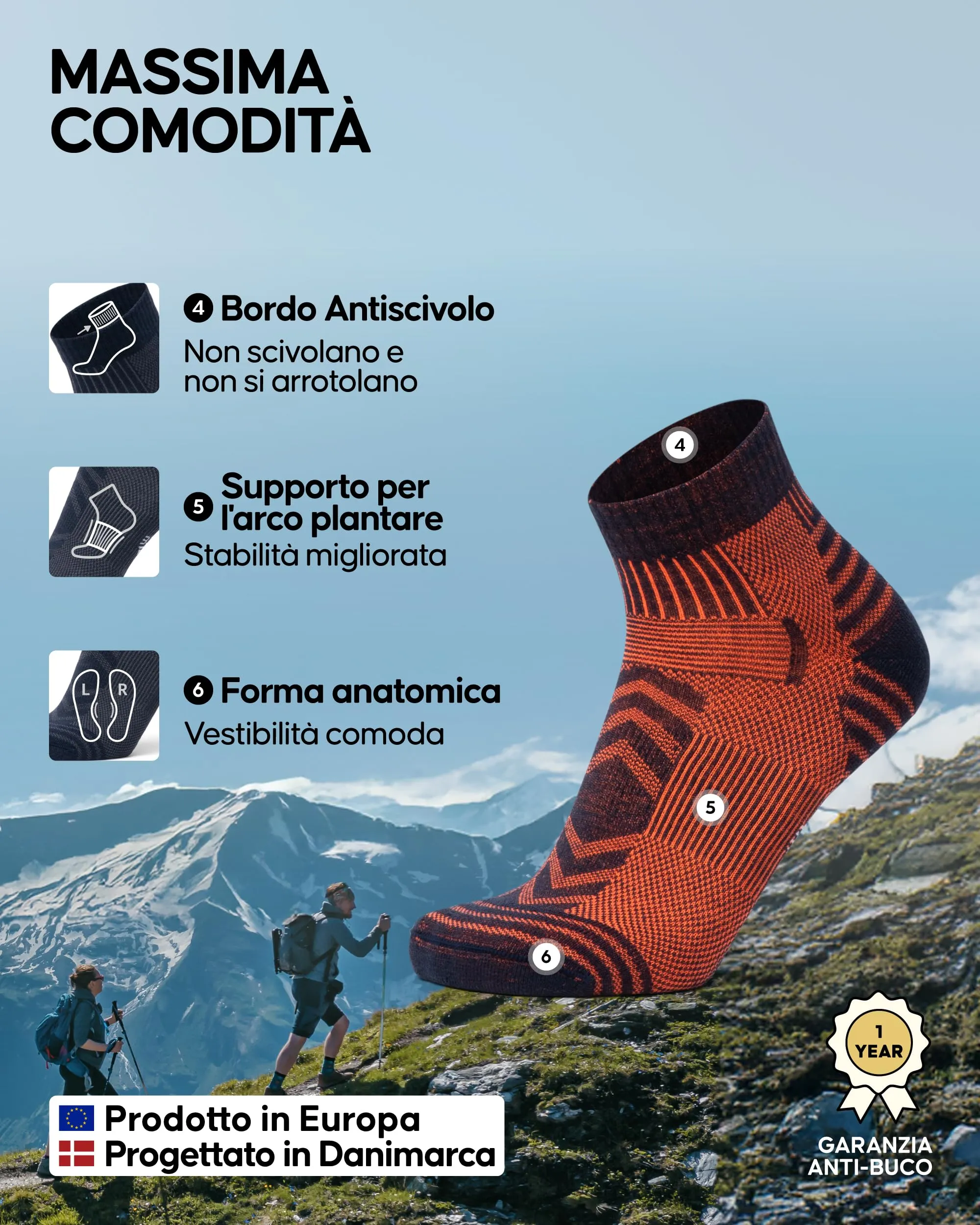 Danish Endurance Calze Trekking Corte Merino, 3 Paia, Multicolore, 43-47 - immagine 3
