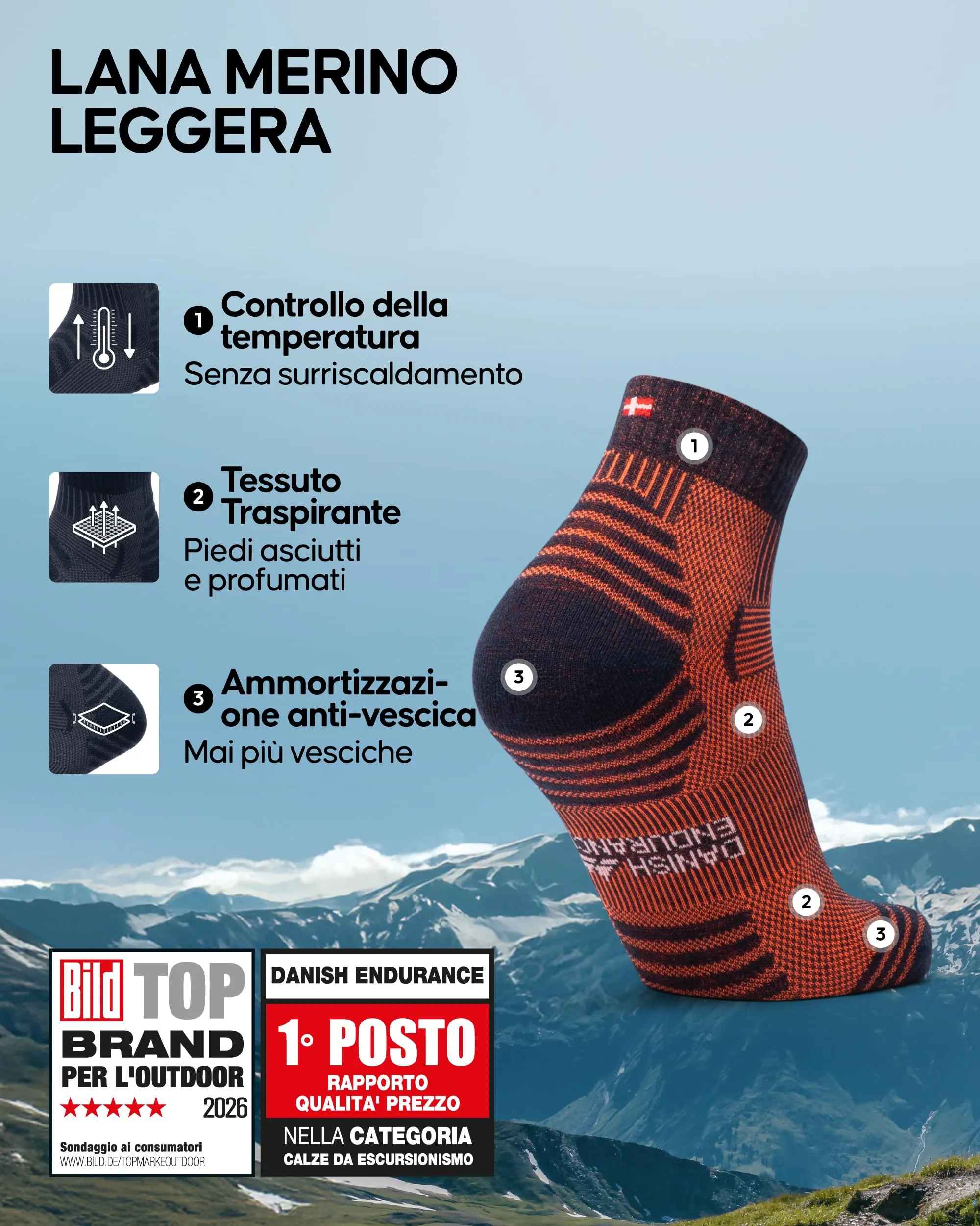 Danish Endurance Calze Trekking Corte Merino, 3 Paia, Multicolore, 39-42 - immagine 2