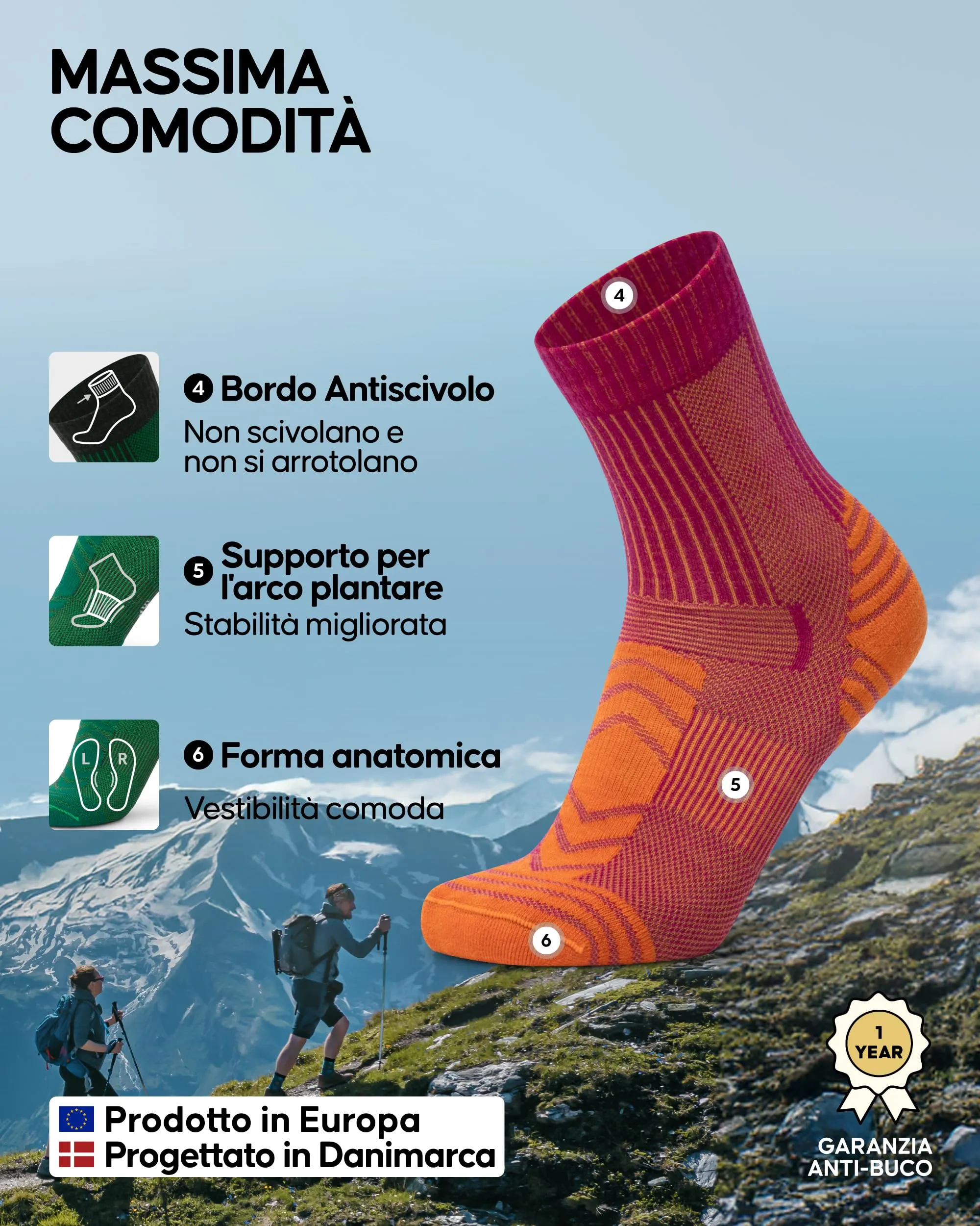 Danish Endurance Calze Trekking Leggere, 3 Paia, Multicolore, 43-47 - immagine 3