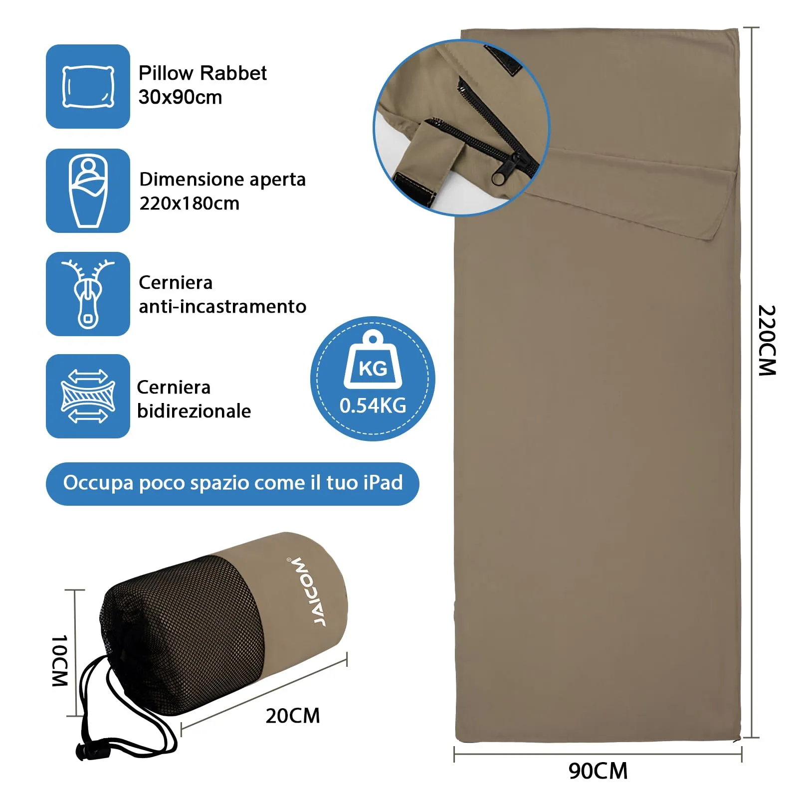 JAICOM Sacco Lenzuolo da Viaggio Ultraleggero e Compatto, 220 x 90 cm - immagine 2
