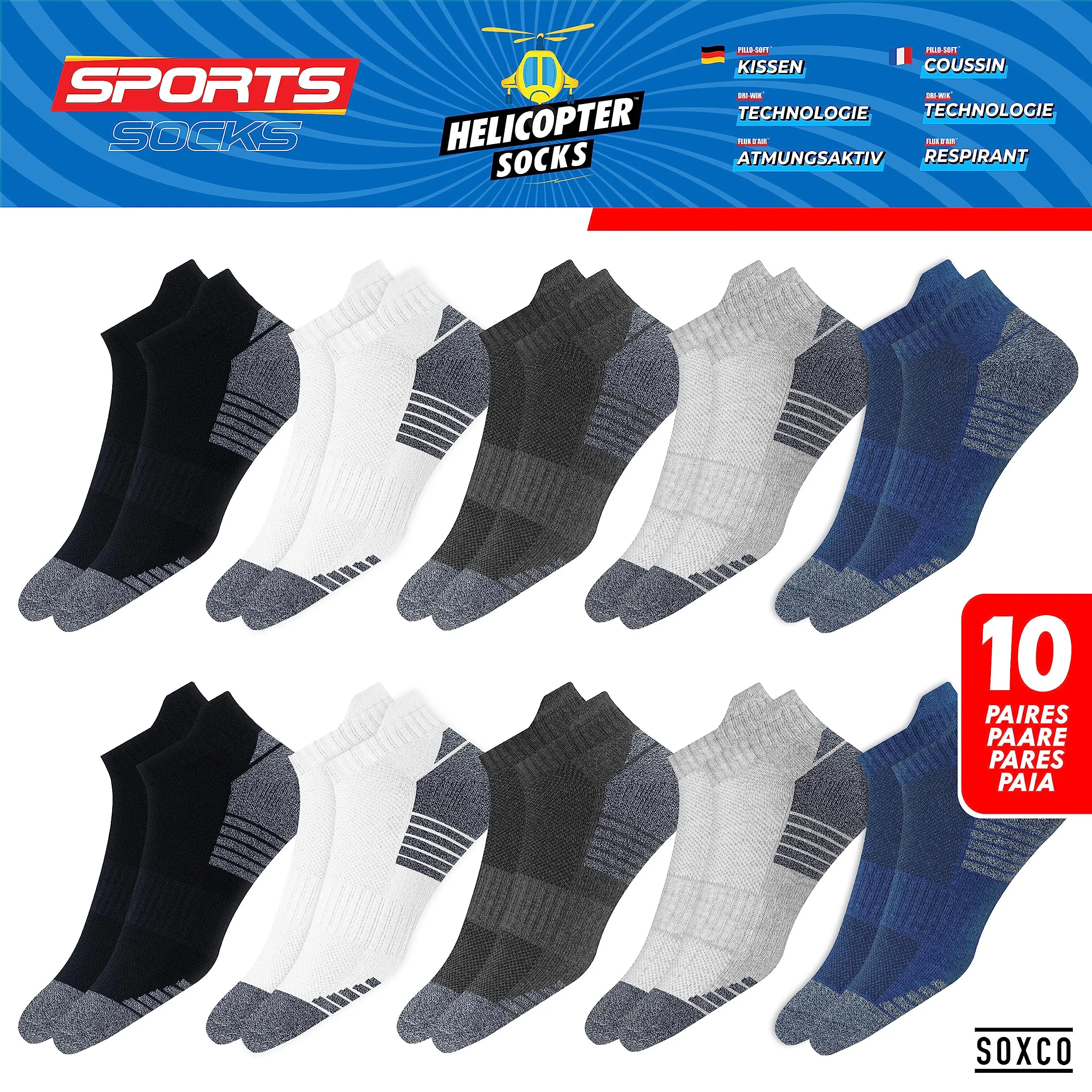 SOXCO Calzini Corti in Spugna Sportivi Running, 10 Paia, EU 47-50, Multicolore S - immagine 3