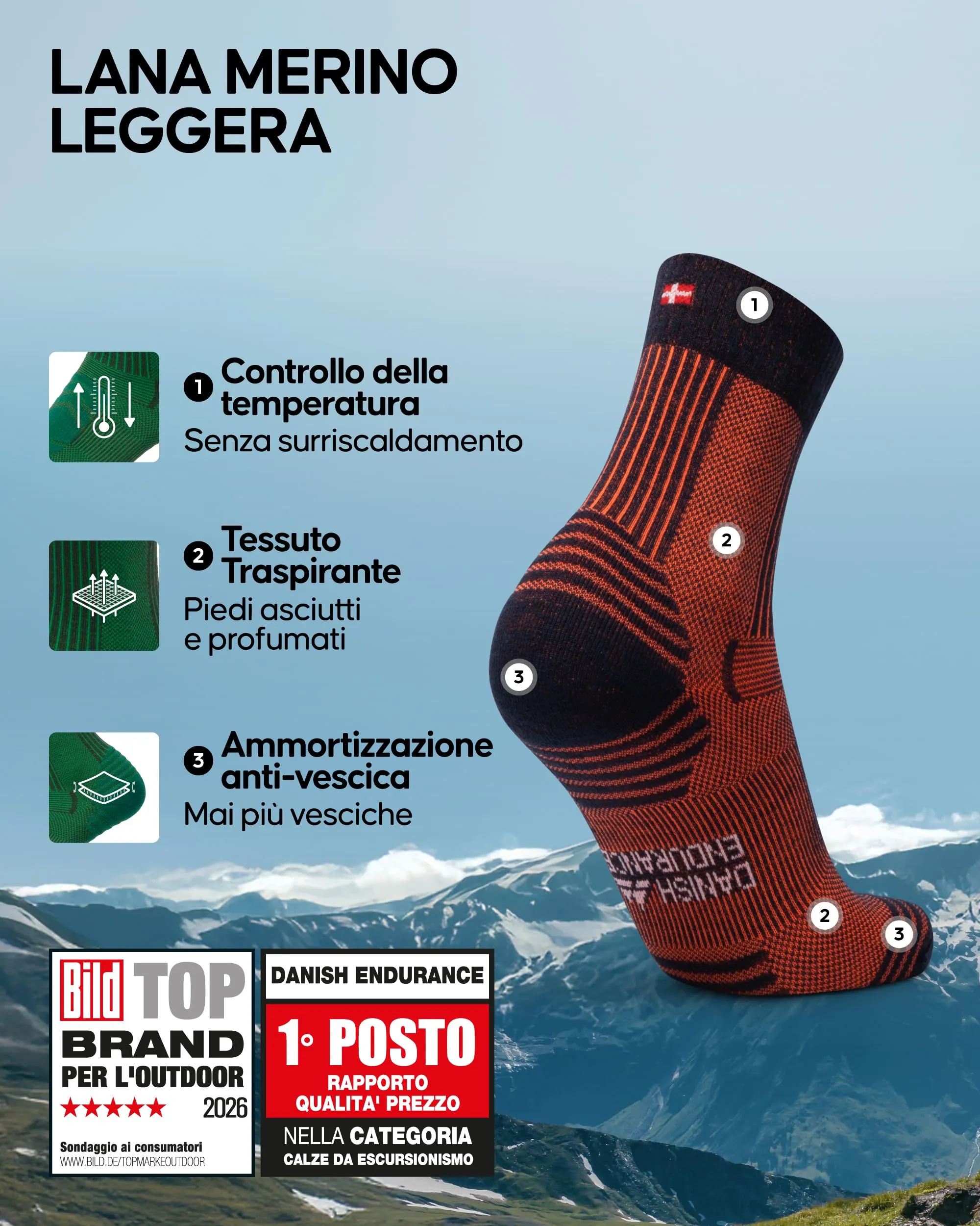 Danish Endurance Calze Trekking Leggere in Lana Merino, 3 Paia, Multicolore, 39-42 - immagine 2