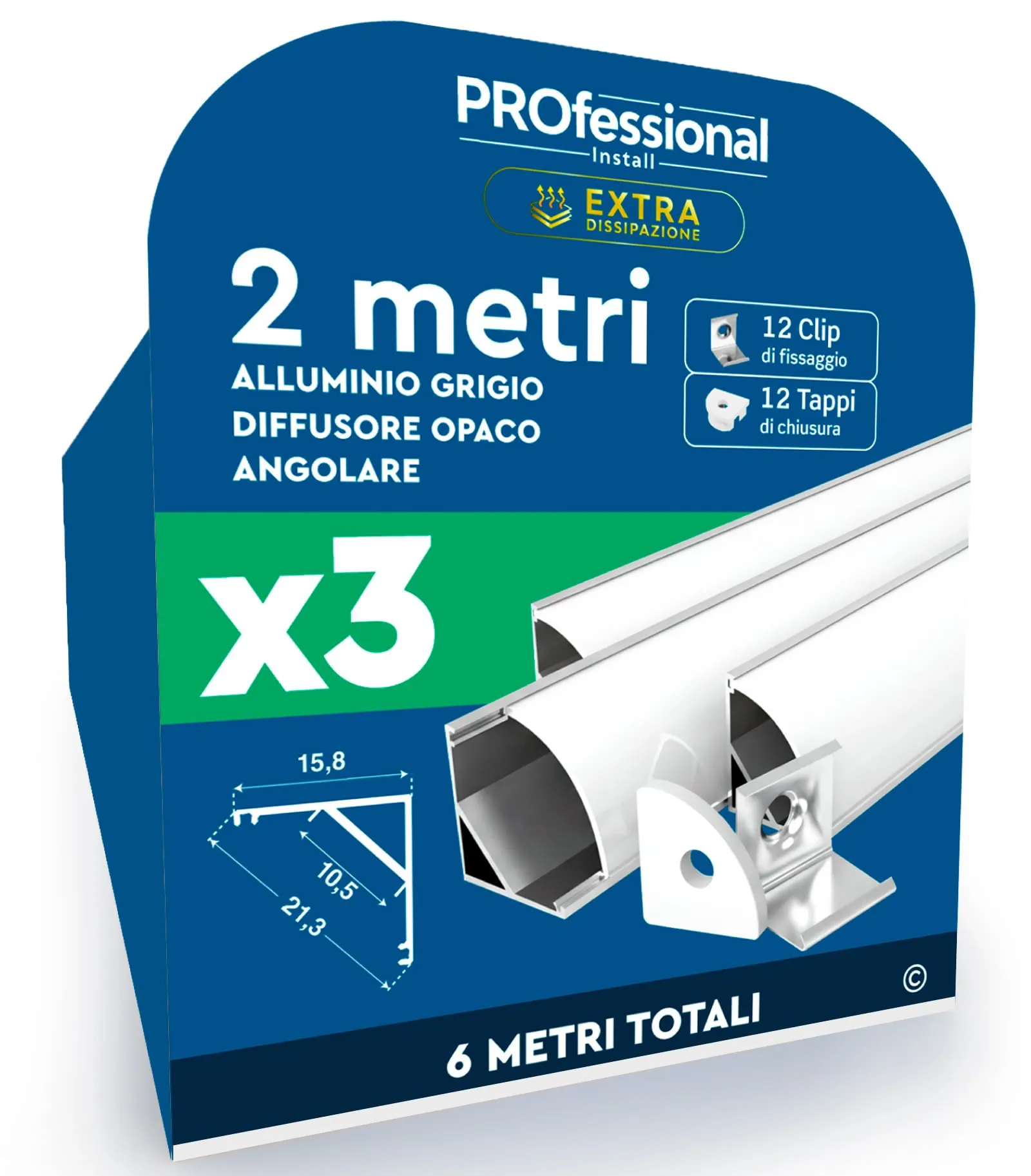 Eurocali Profili Angolari in Alluminio per Strisce LED, 3 Pezzi da 2 Metri, Copertura Opaca - immagine 1