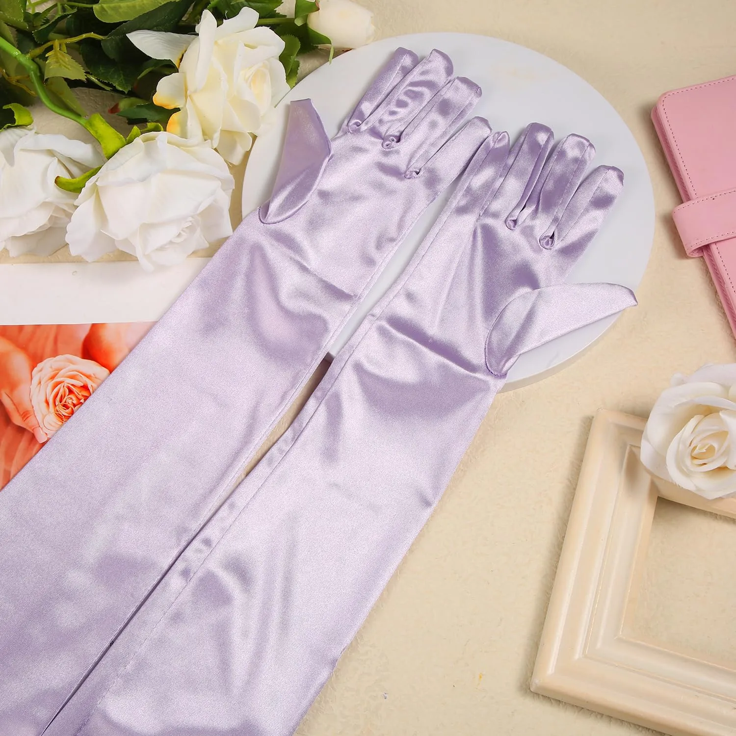 NQEUEPN Guanti Lunghi in Raso da Donna, 52cm, Viola Chiaro - immagine 3