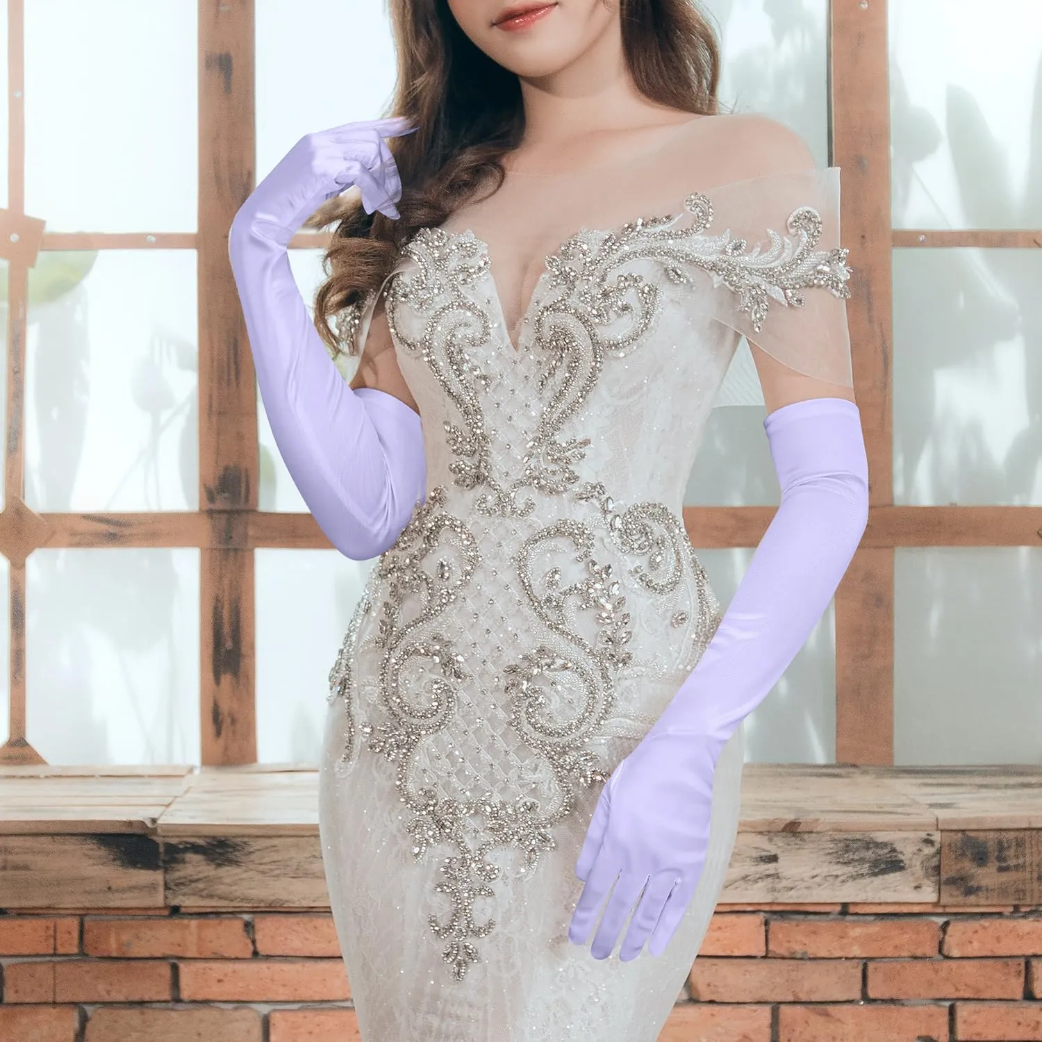 NQEUEPN Guanti Lunghi in Raso da Donna, 52cm, Viola Chiaro - immagine 7