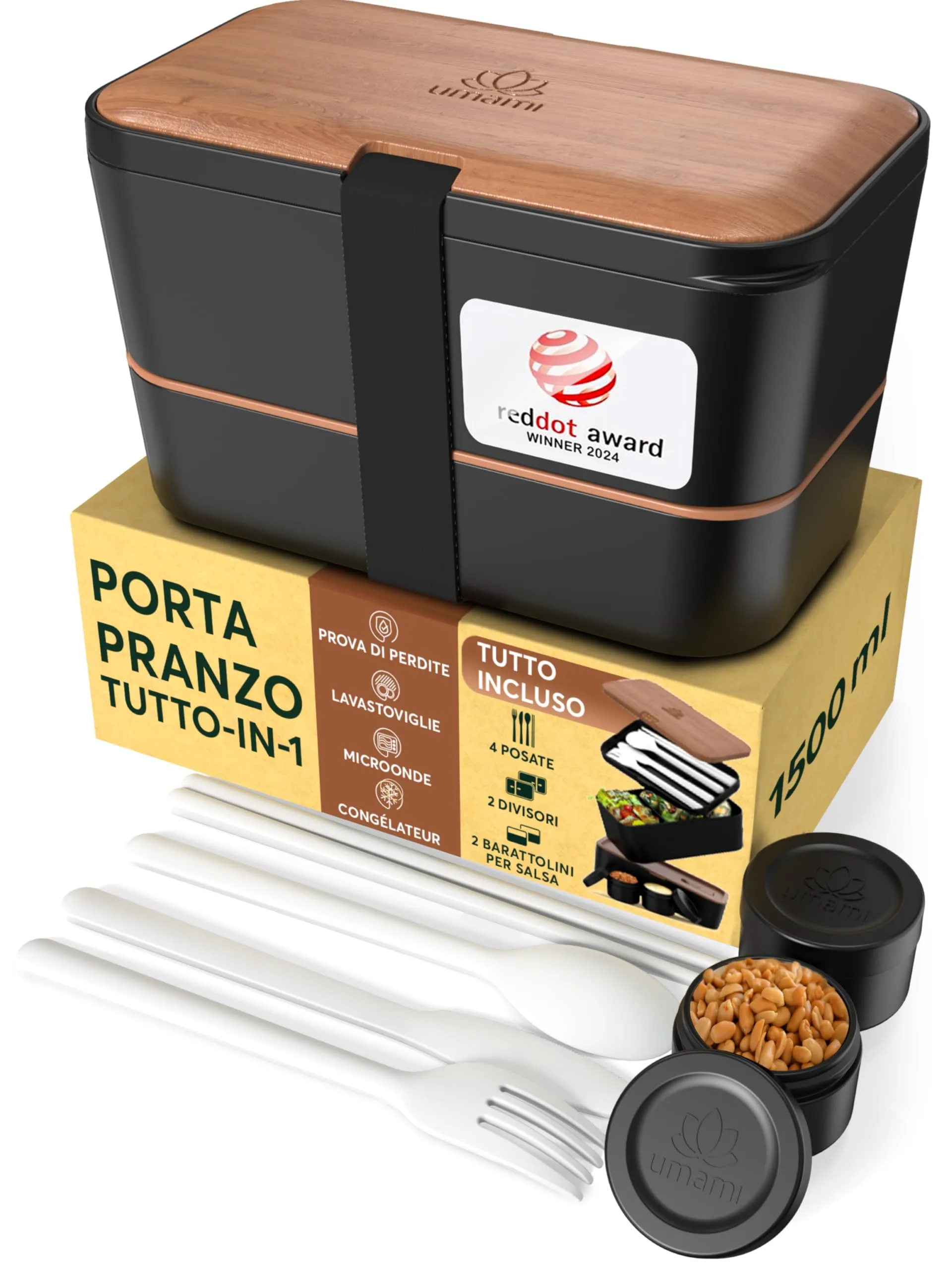 Umami Porta Pranzo Adulti Ermetico Bento Box con Scomparti, 1500 ml, Ciliegia Nera - immagine 1