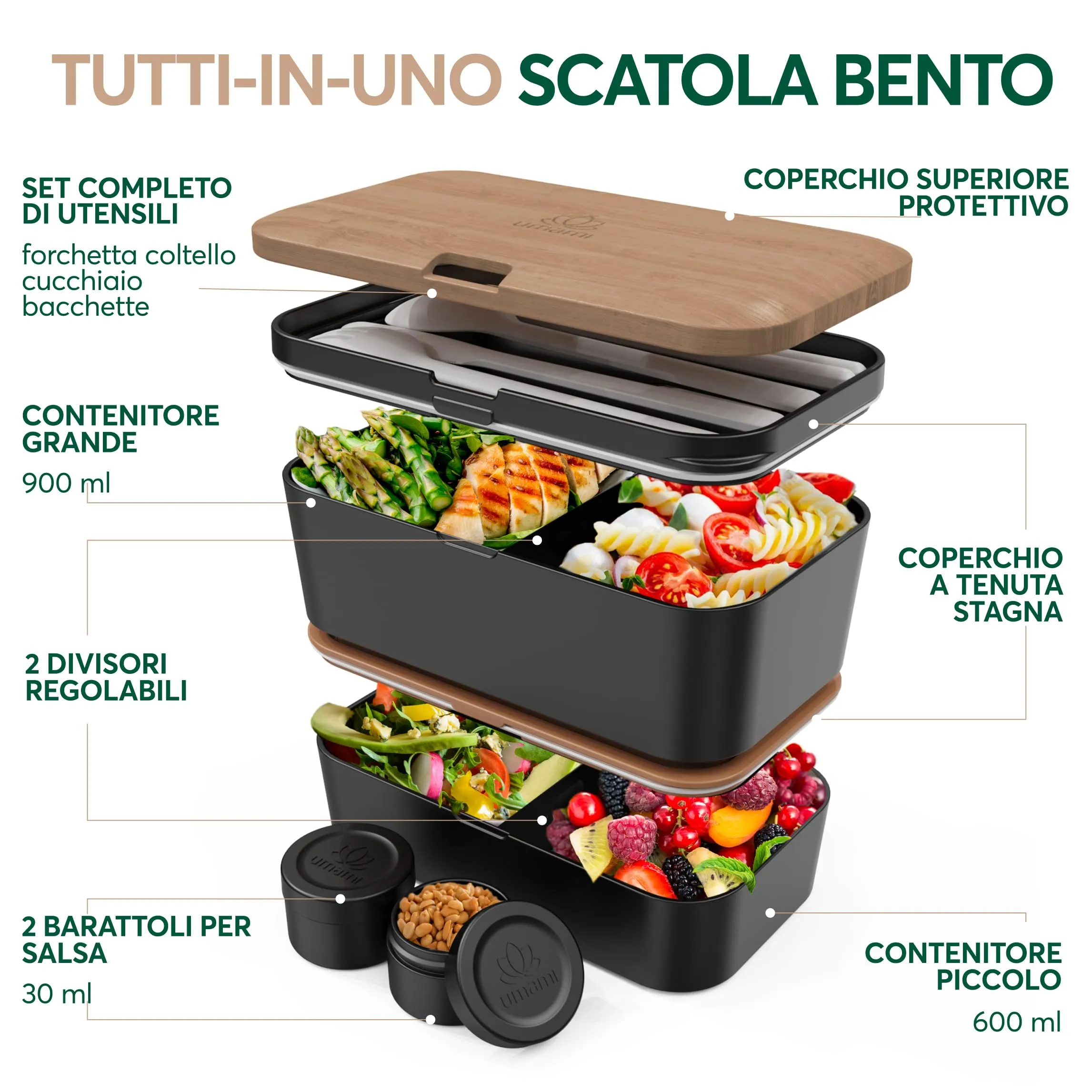 Umami Porta Pranzo Adulti Ermetico Bento Box con Scomparti, 1500 ml, Ciliegia Nera - immagine 2