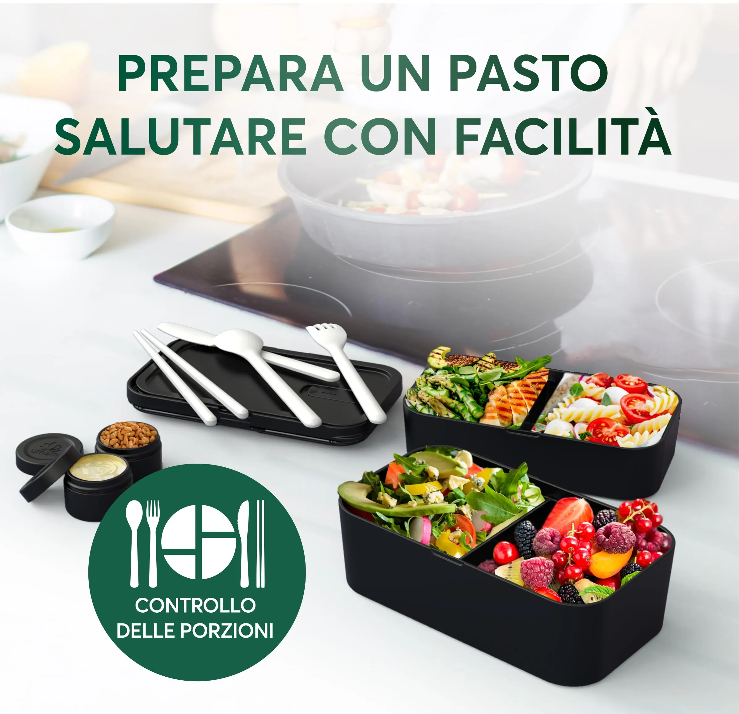 Umami Porta Pranzo Adulti Ermetico Bento Box con Scomparti, 1500 ml, Ciliegia Nera - immagine 3