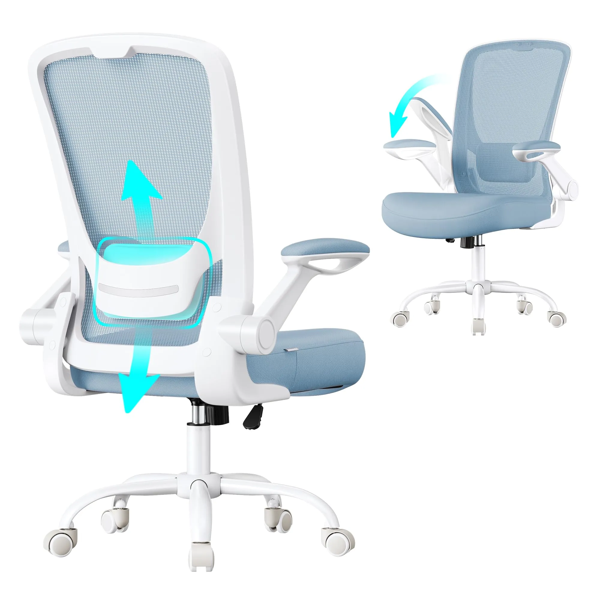 SONGMICS Sedia da Ufficio Girevole Ergonomica con Supporto Lombare, Braccioli Pieghevoli, Blu Nebbia OBN037Q01 - immagine 1