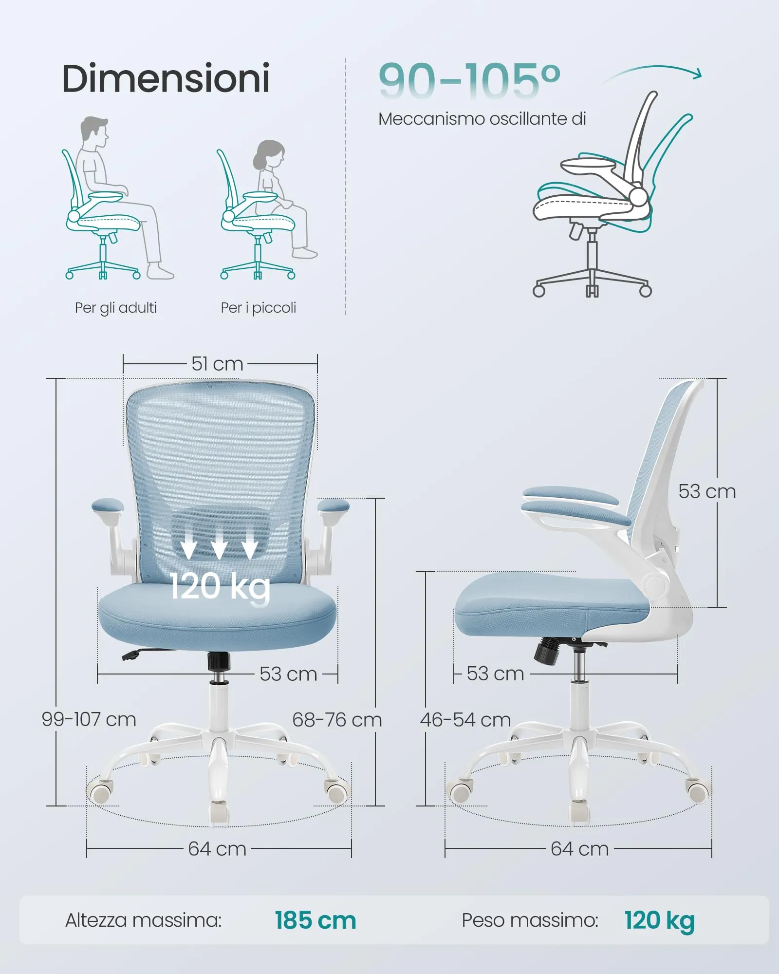 SONGMICS Sedia da Ufficio Girevole Ergonomica con Supporto Lombare, Braccioli Pieghevoli, Blu Nebbia OBN037Q01 - immagine 2