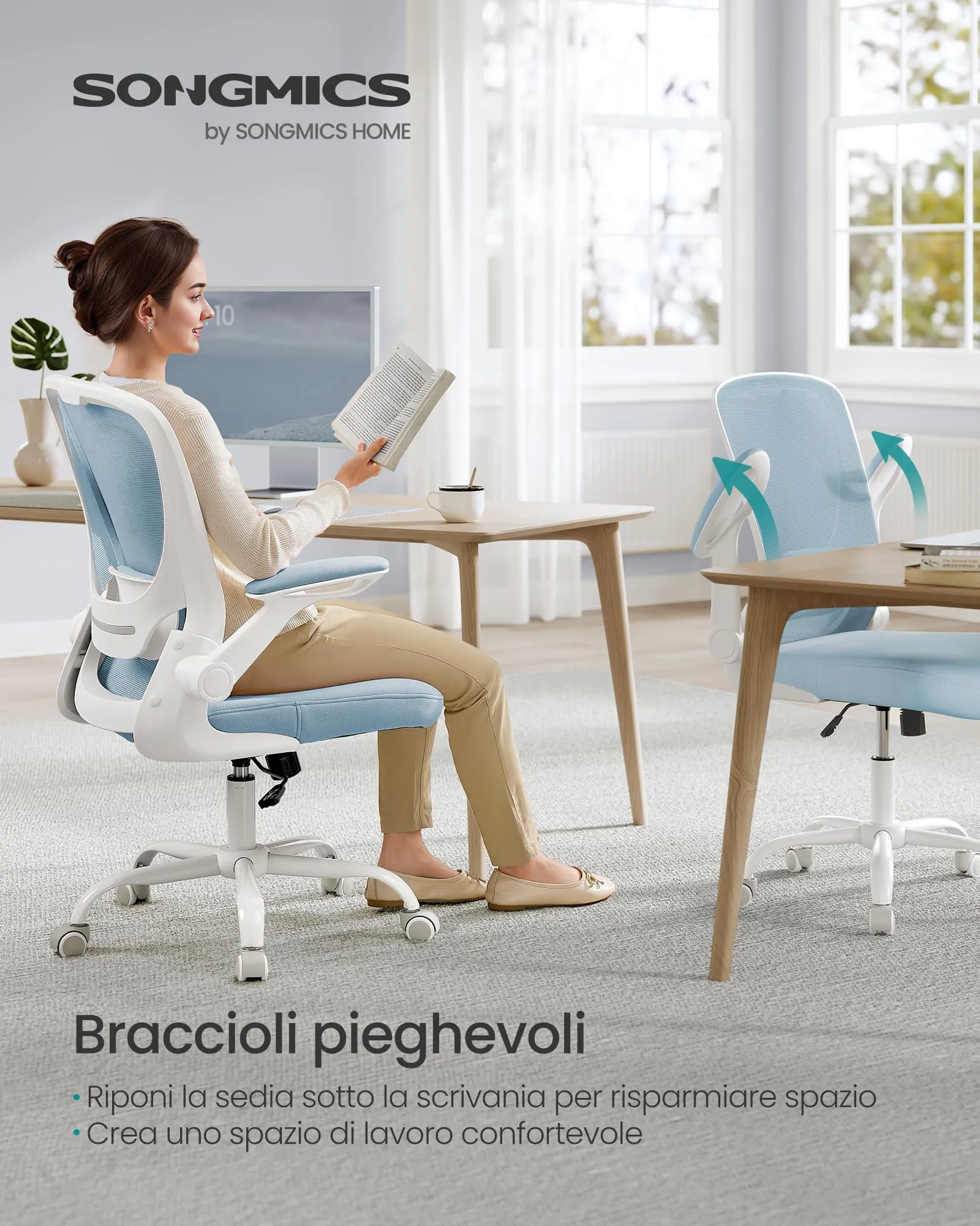 SONGMICS Sedia da Ufficio Girevole Ergonomica con Supporto Lombare, Braccioli Pieghevoli, Blu Nebbia OBN037Q01 - immagine 3