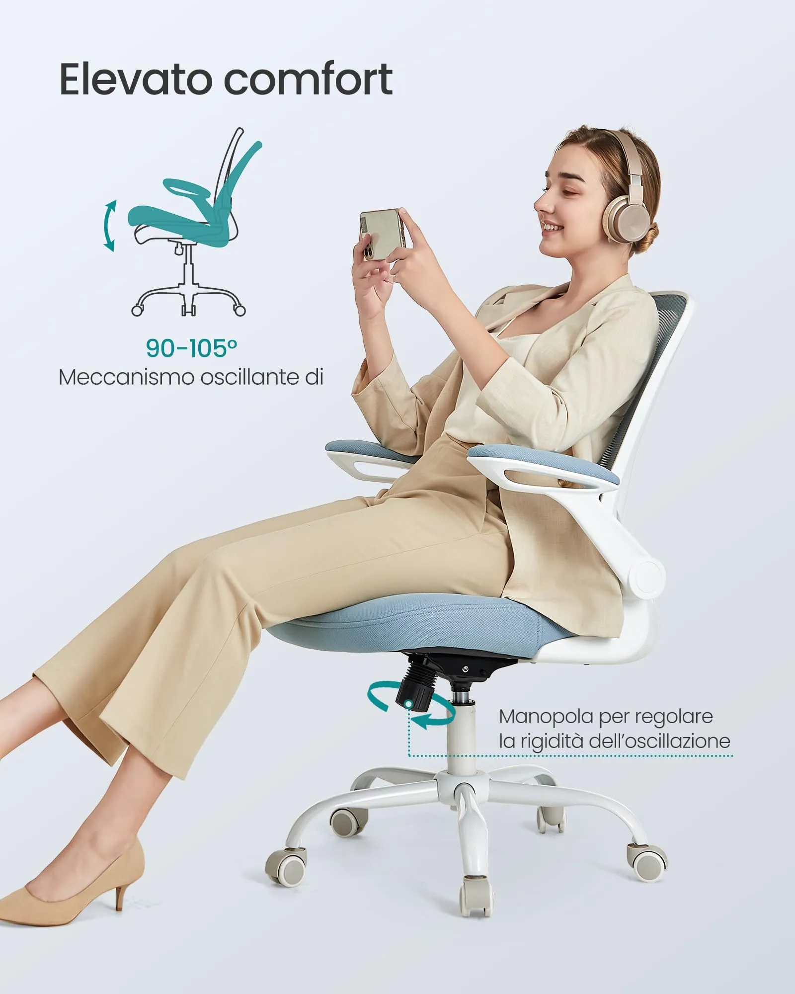 SONGMICS Sedia da Ufficio Girevole Ergonomica con Supporto Lombare, Braccioli Pieghevoli, Blu Nebbia OBN037Q01 - immagine 4