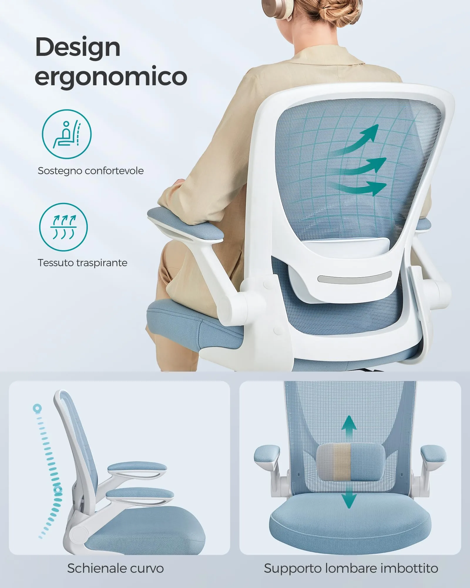 SONGMICS Sedia da Ufficio Girevole Ergonomica con Supporto Lombare, Braccioli Pieghevoli, Blu Nebbia OBN037Q01 - immagine 7