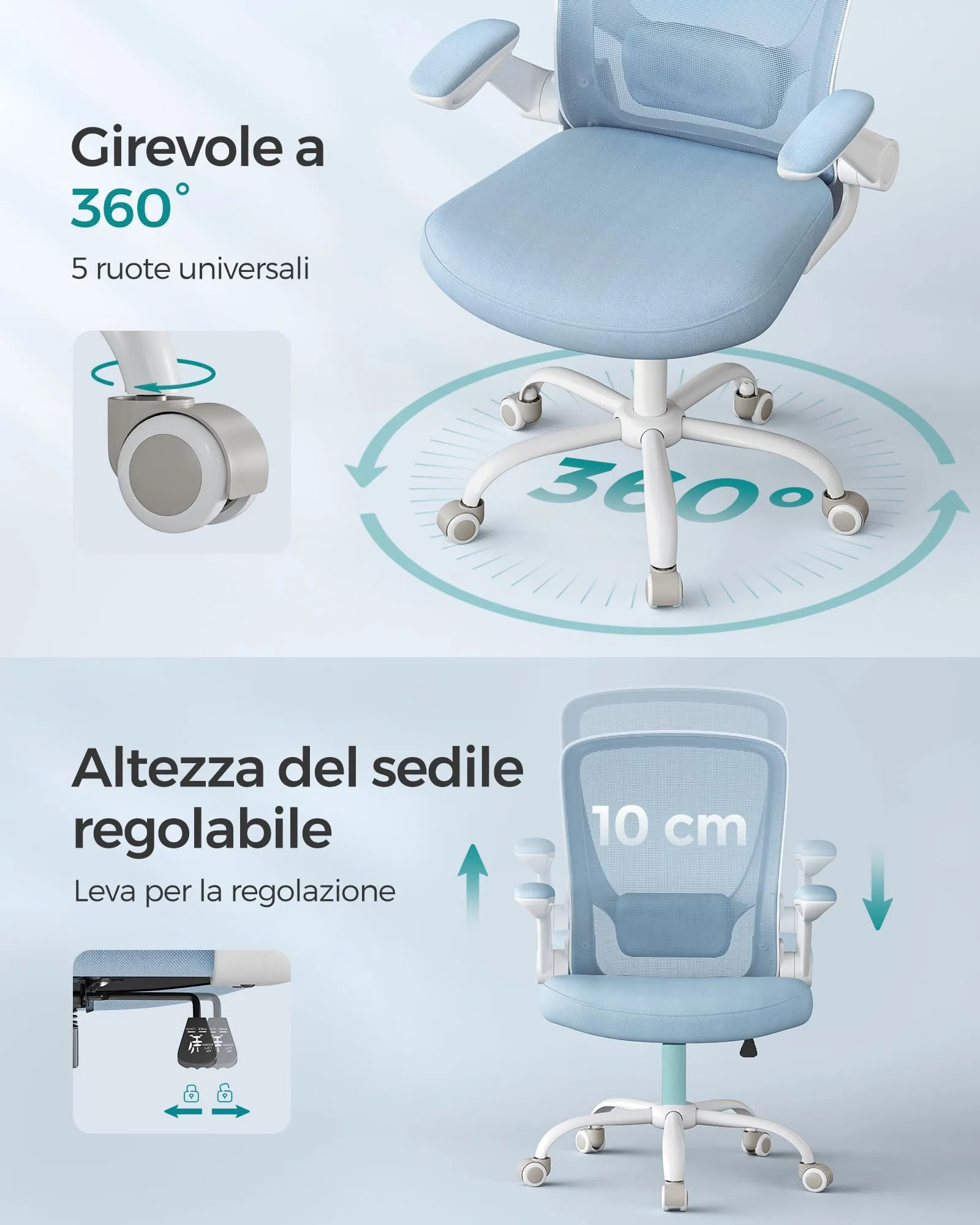 SONGMICS Sedia da Ufficio Girevole Ergonomica con Supporto Lombare, Braccioli Pieghevoli, Blu Nebbia OBN037Q01 - immagine 8