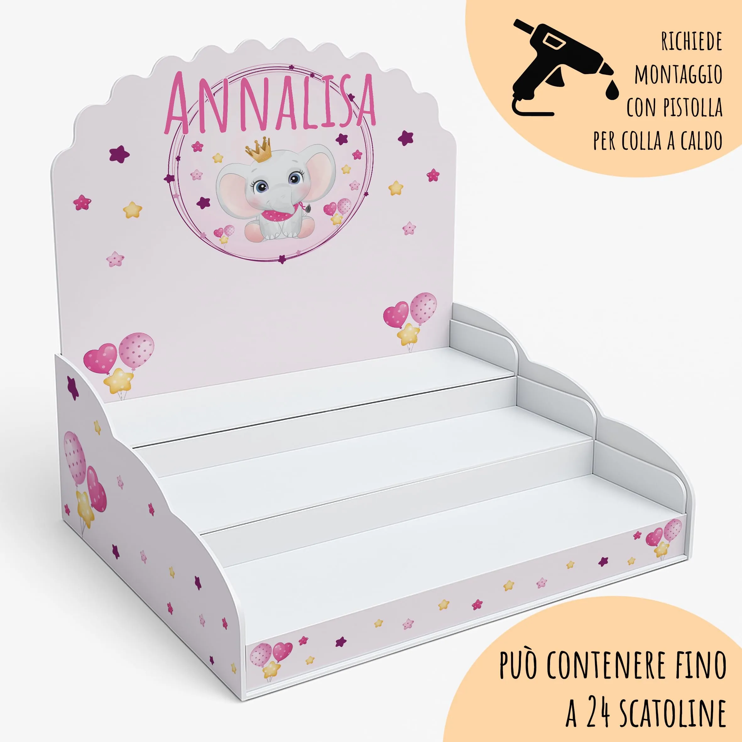 PV Grafik Scatoline Portaconfetti Nascita e Battesimo, 24+24 Personalizzate con Bigliettino e Nastrino, Elefantina con corona (Tunna57) - immagine 3