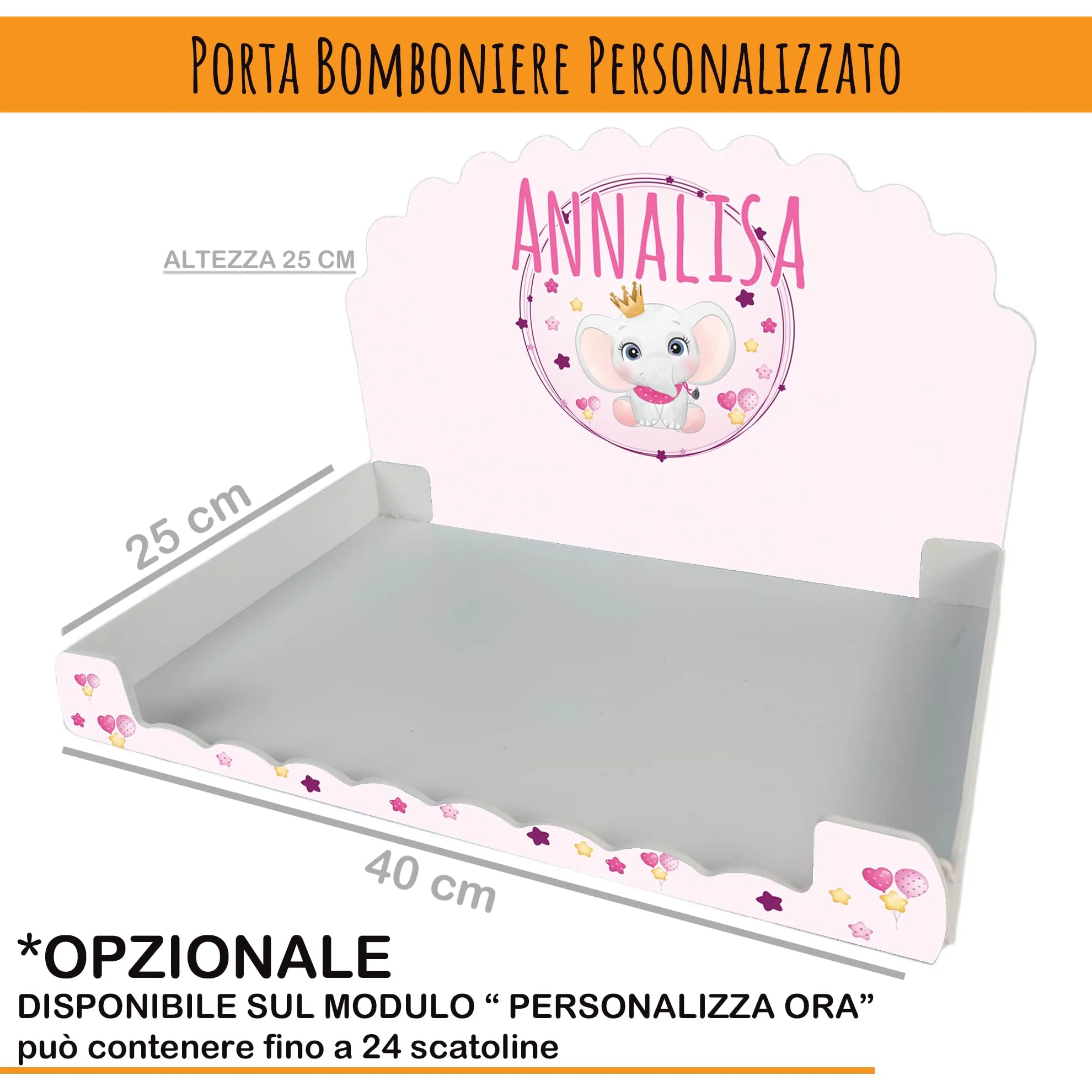 PV Grafik Scatoline Portaconfetti Nascita e Battesimo, 24+24 Personalizzate con Bigliettino e Nastrino, Elefantina con corona (Tunna57) - immagine 4