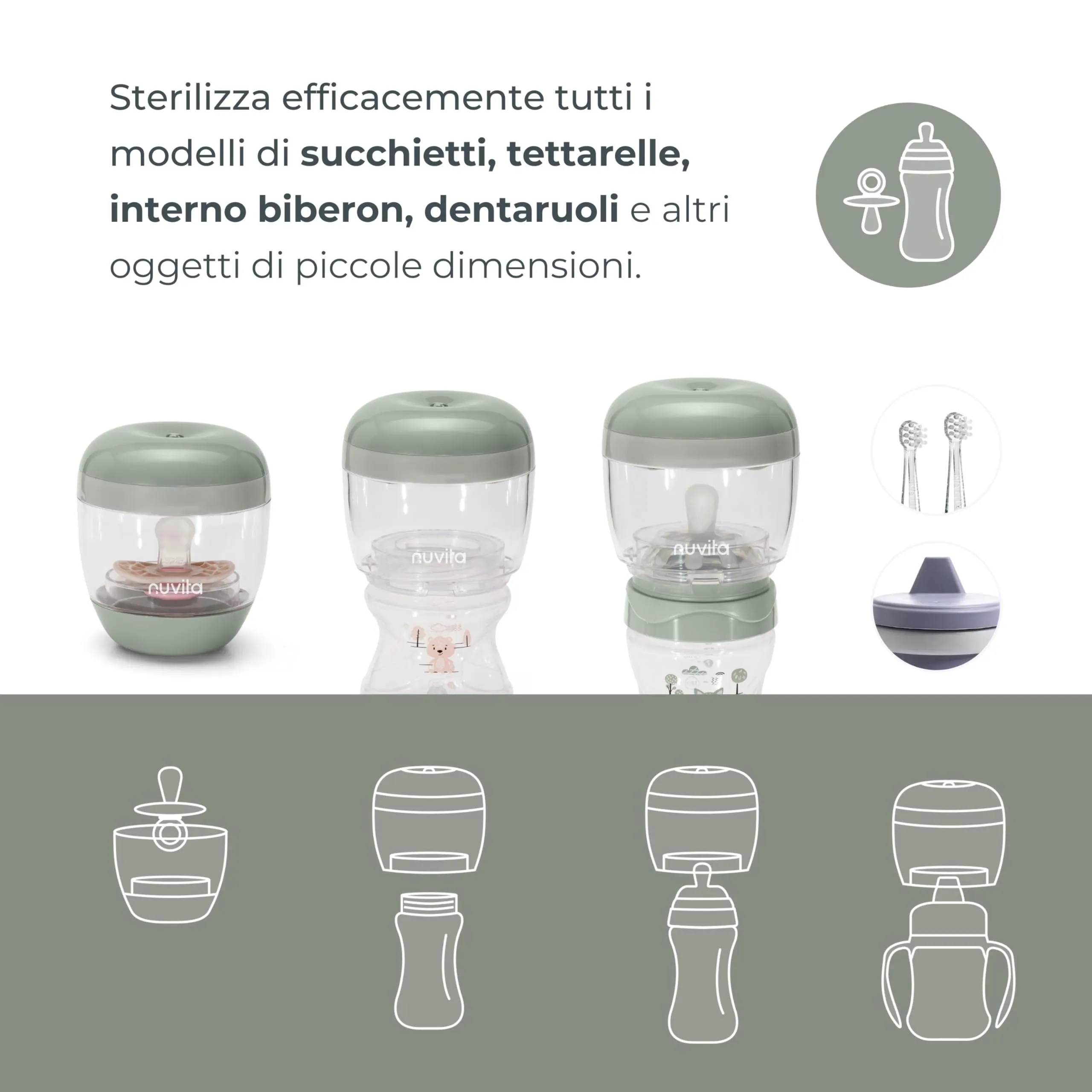 Nuvita 1556 MellyPlus Sterilizzatore UV Portatile per Biberon, Ciucci e Proteggi Capezzoli, Verde Salvia - immagine 3