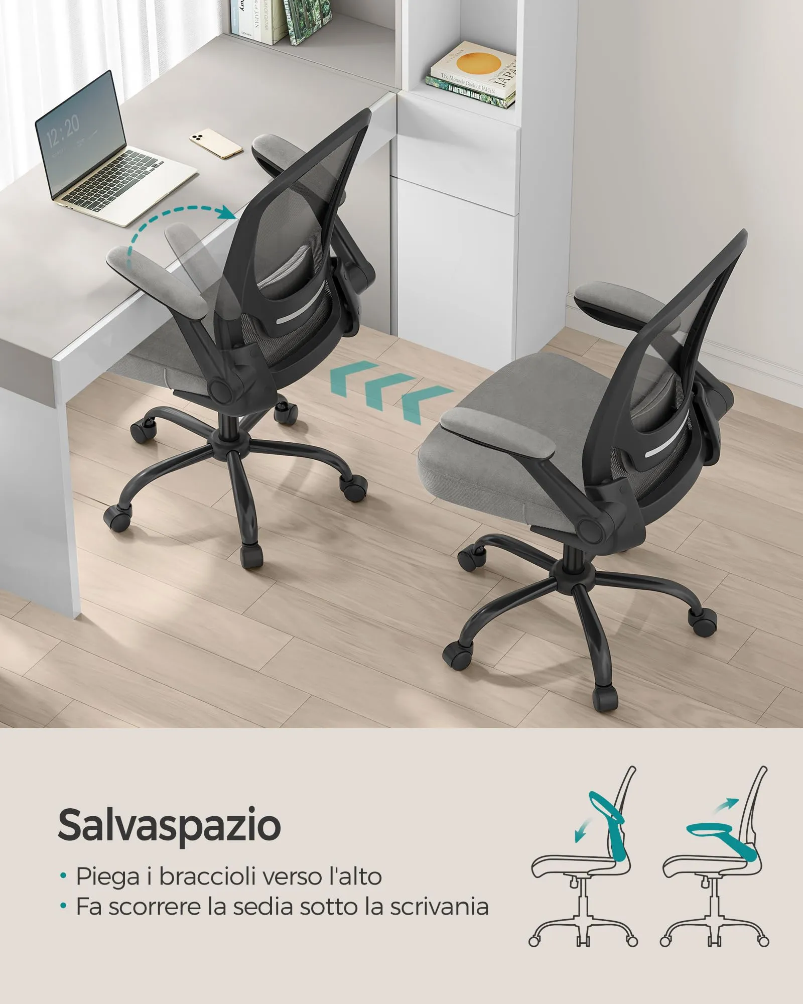 SONGMICS Sedia da Ufficio Ergonomica in Rete con Supporto Lombare, Braccioli Pieghevoli, Grigio Ardesia OBN037G01 - immagine 3