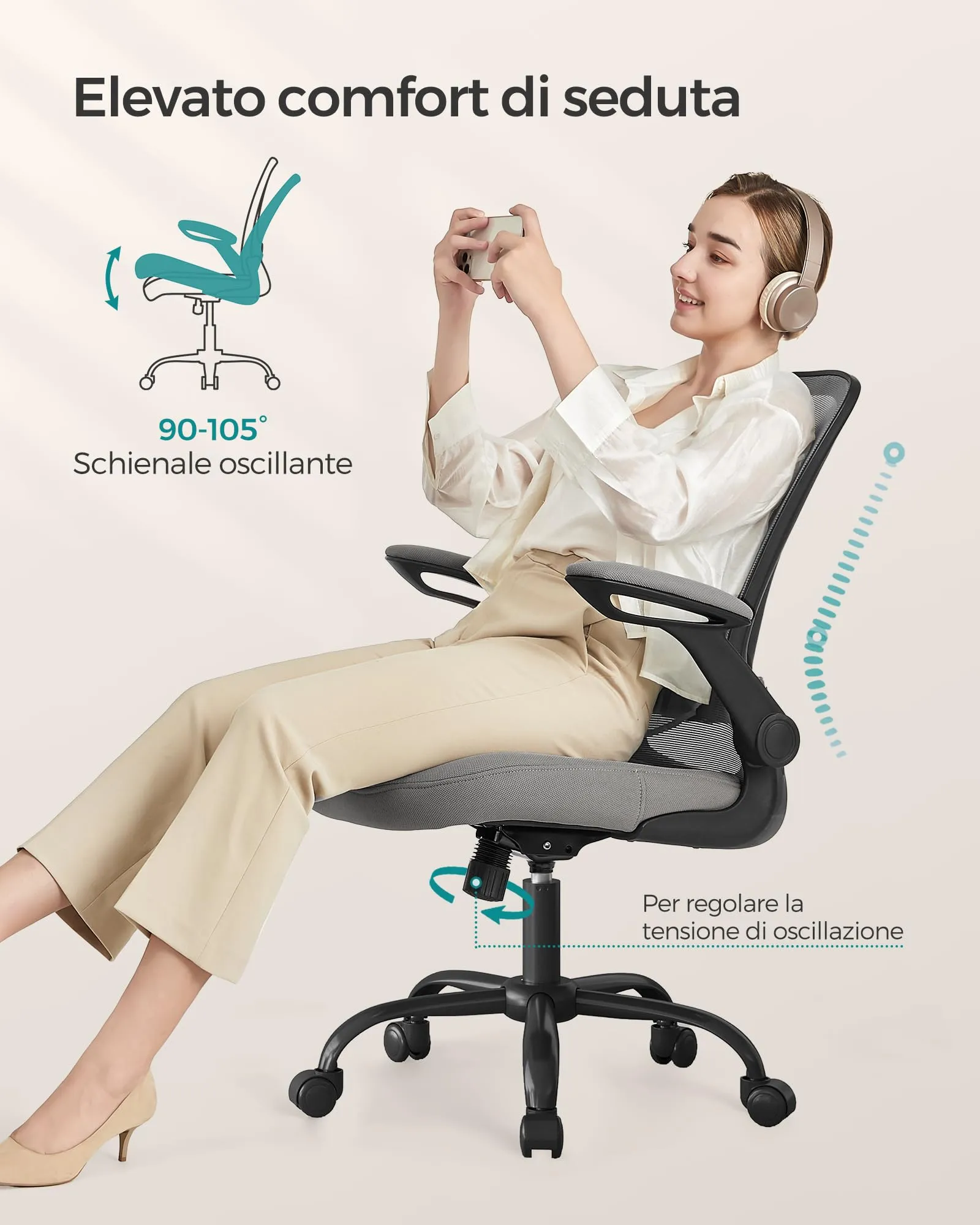 SONGMICS Sedia da Ufficio Ergonomica in Rete con Supporto Lombare, Braccioli Pieghevoli, Grigio Ardesia OBN037G01 - immagine 4