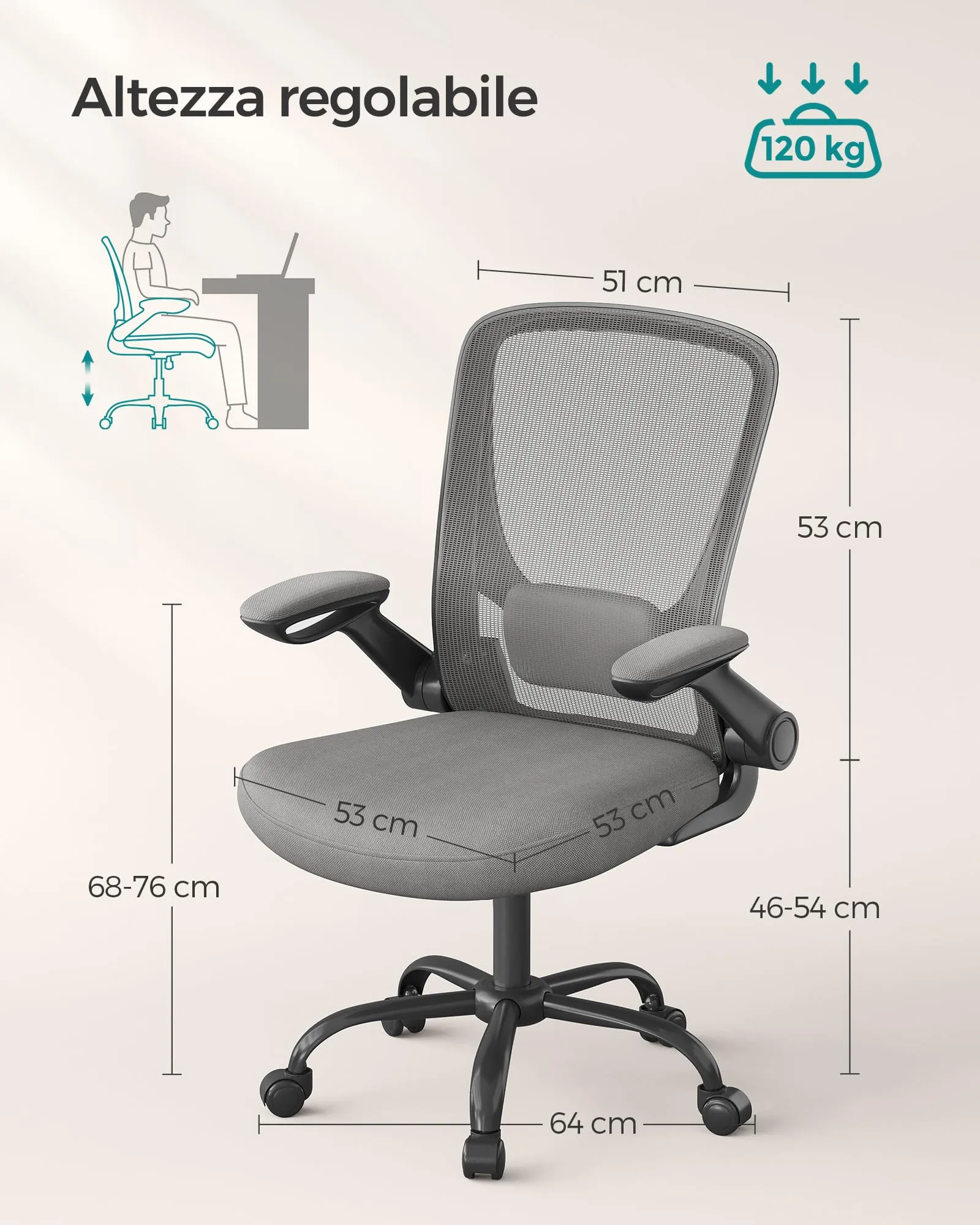 SONGMICS Sedia da Ufficio Ergonomica in Rete con Supporto Lombare, Braccioli Pieghevoli, Grigio Ardesia OBN037G01 - immagine 5