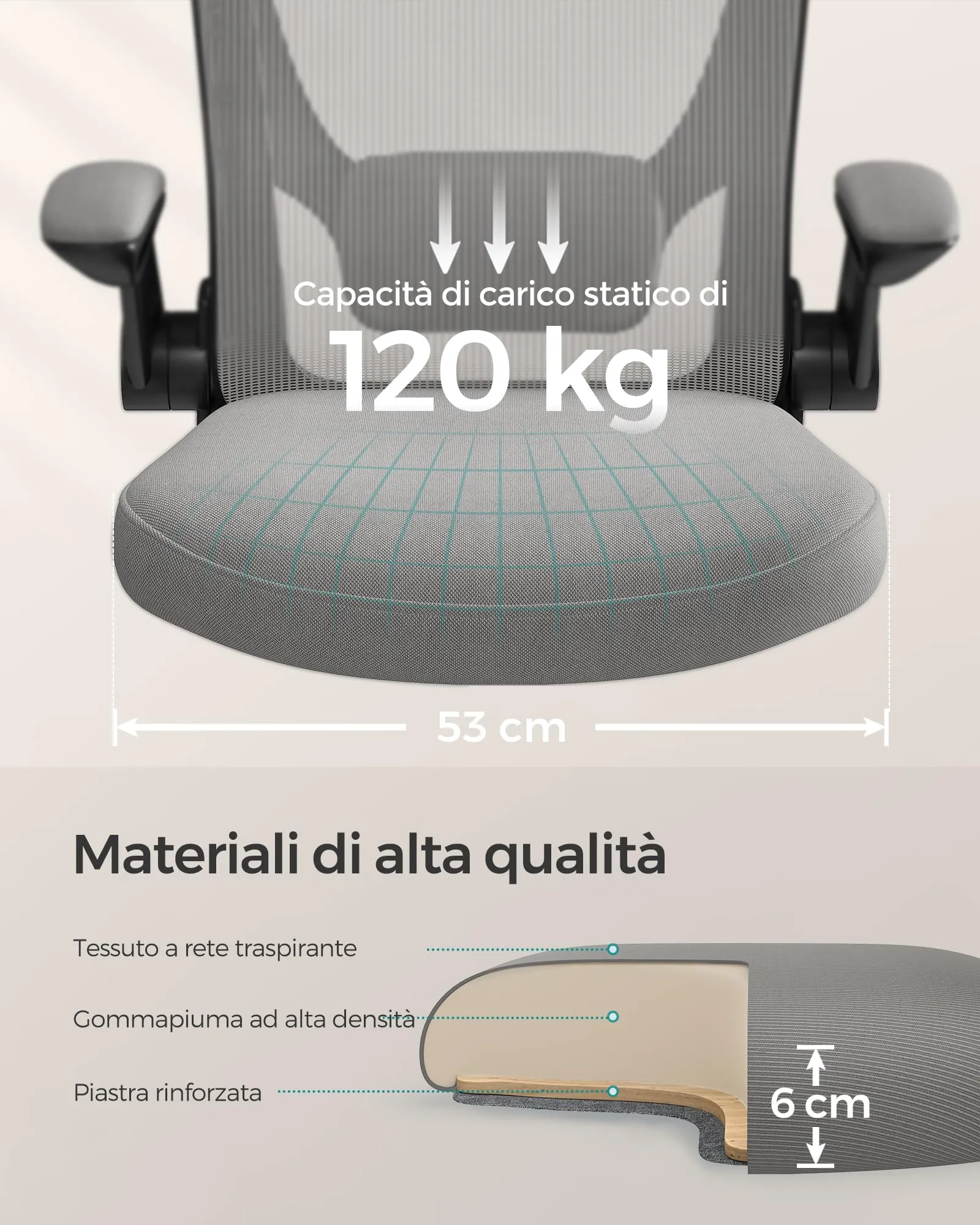 SONGMICS Sedia da Ufficio Ergonomica in Rete con Supporto Lombare, Braccioli Pieghevoli, Grigio Ardesia OBN037G01 - immagine 6