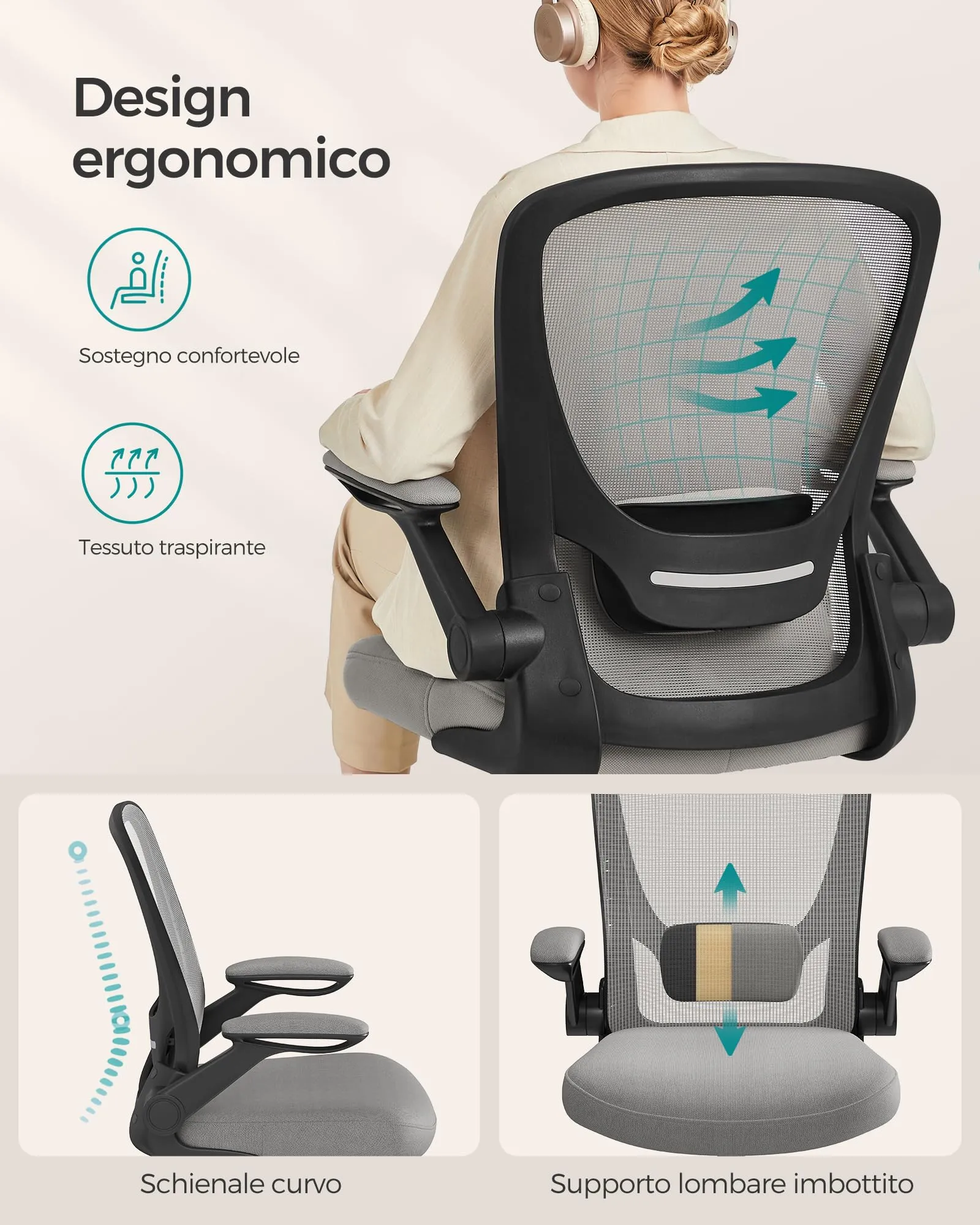SONGMICS Sedia da Ufficio Ergonomica in Rete con Supporto Lombare, Braccioli Pieghevoli, Grigio Ardesia OBN037G01 - immagine 7
