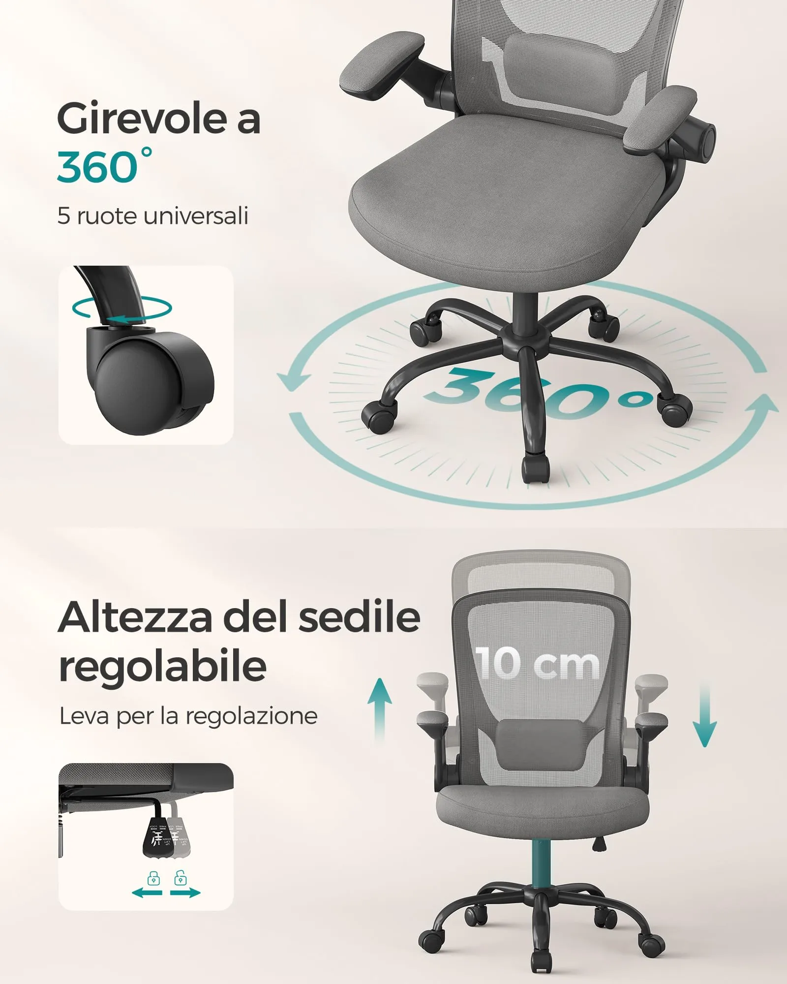 SONGMICS Sedia da Ufficio Ergonomica in Rete con Supporto Lombare, Braccioli Pieghevoli, Grigio Ardesia OBN037G01 - immagine 8