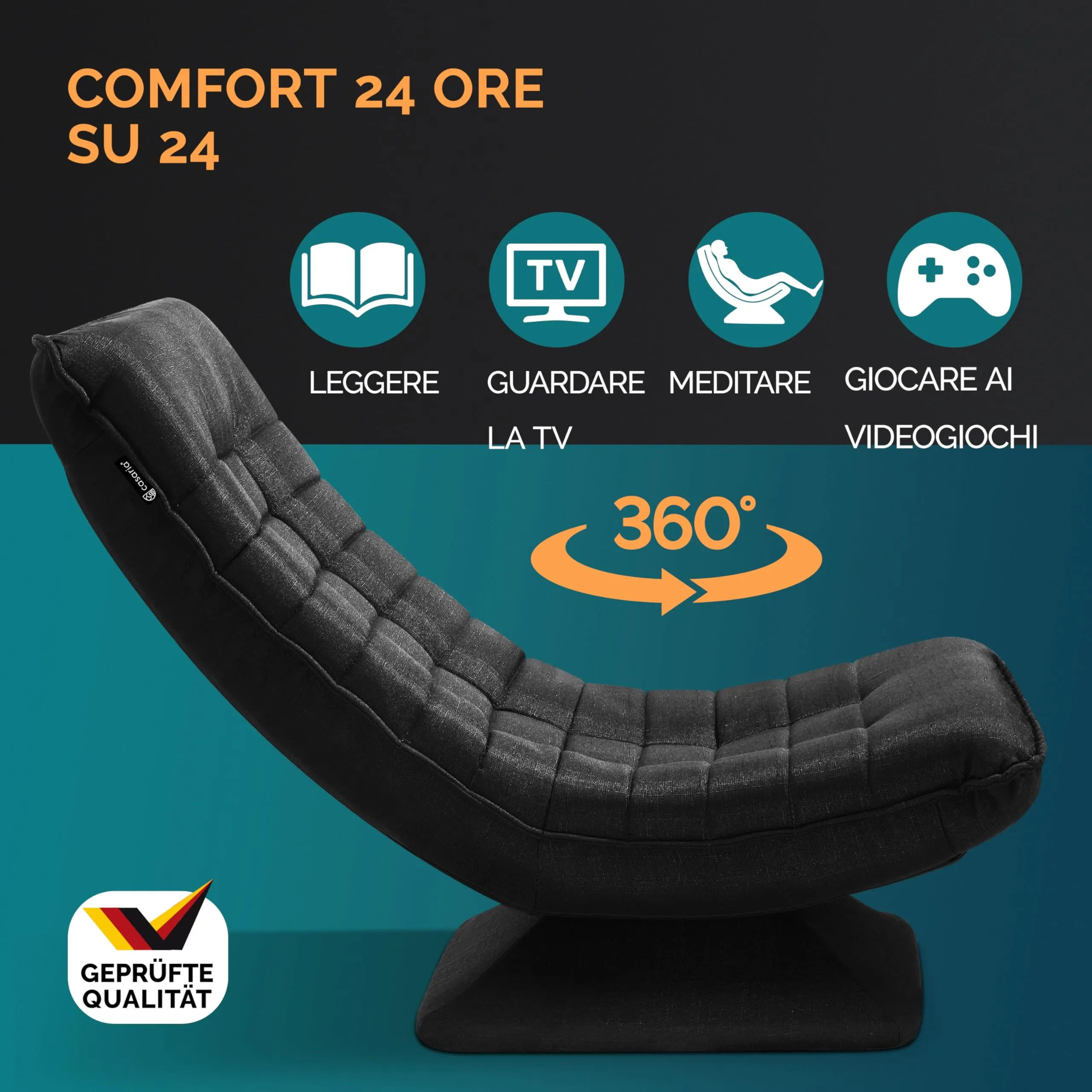 Casaria Aberdeen Poltrona Relax da Lettura Girevole a 360°, Schienale Regolabile, 58x57x84cm, Nero - immagine 3