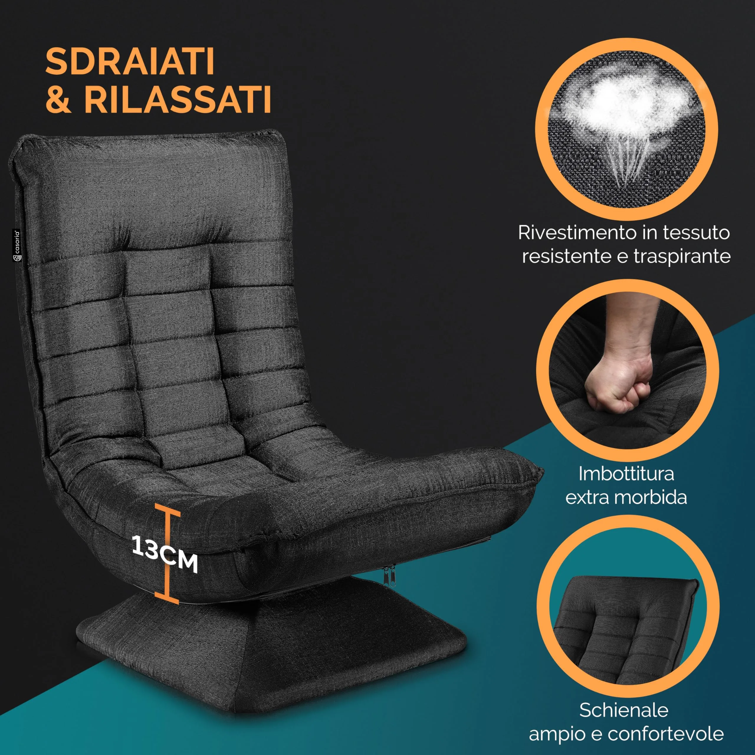 Casaria Aberdeen Poltrona Relax da Lettura Girevole a 360°, Schienale Regolabile, 58x57x84cm, Nero - immagine 4