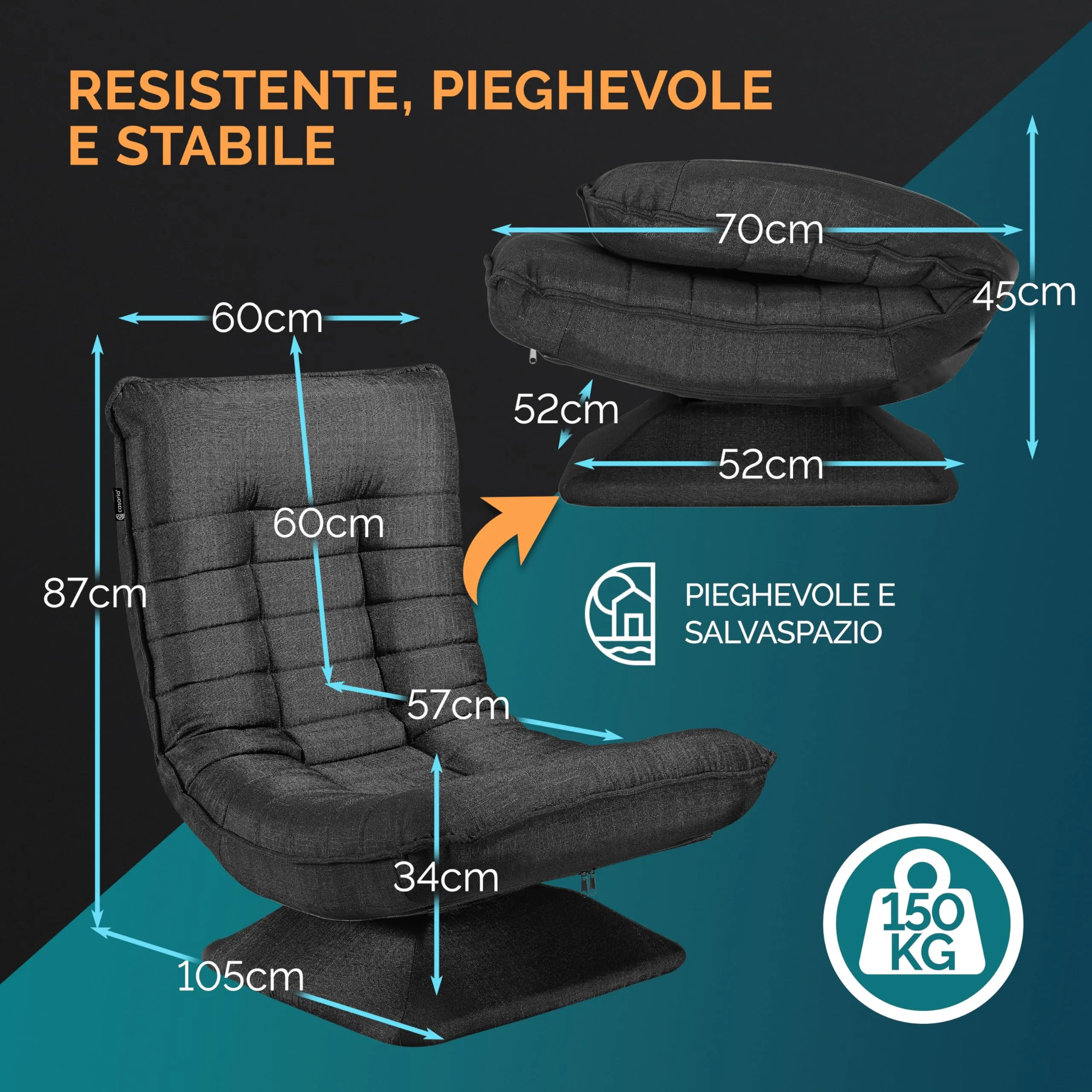 Casaria Aberdeen Poltrona Relax da Lettura Girevole a 360°, Schienale Regolabile, 58x57x84cm, Nero - immagine 5
